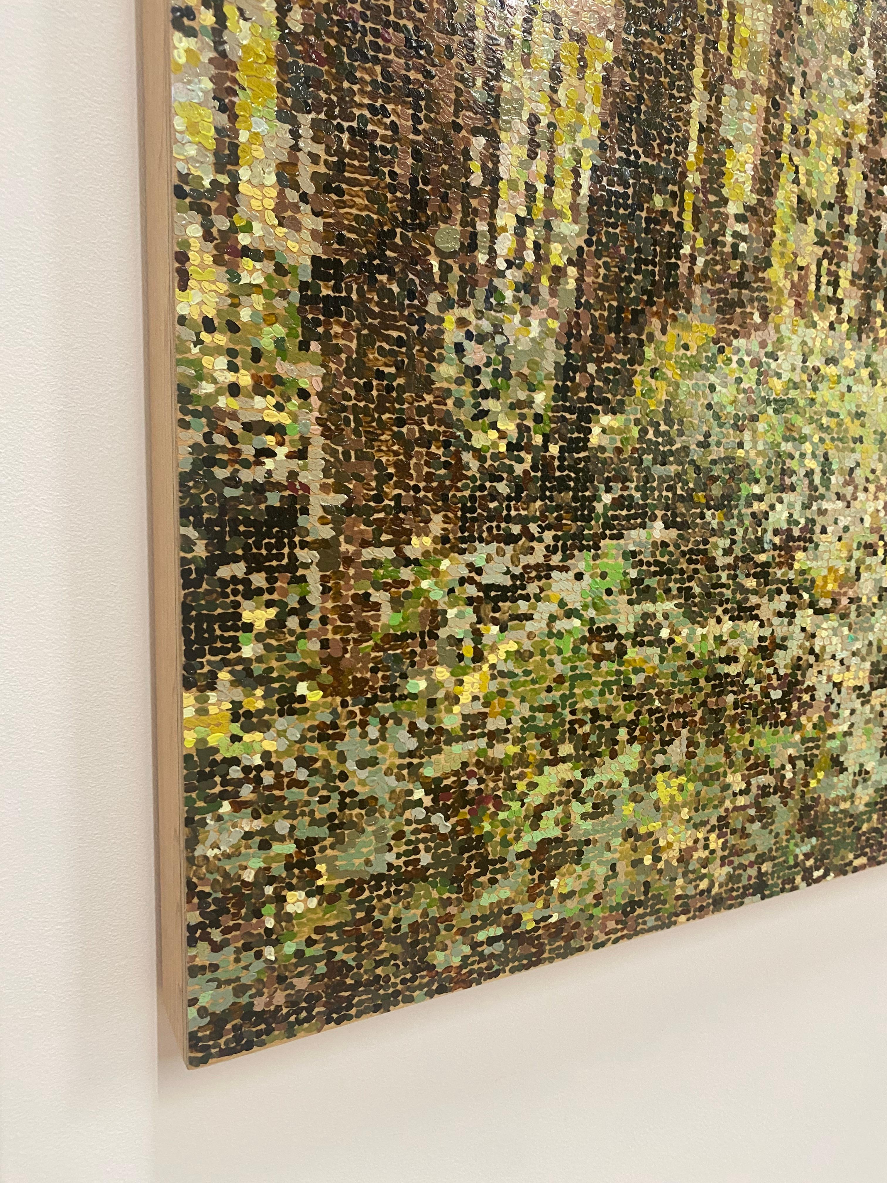 Dappled Forest, Pointillist Forest Landscape, Green Leaves, Brown Trees, Woods - Black Landscape Painting by Kirstin Lamb