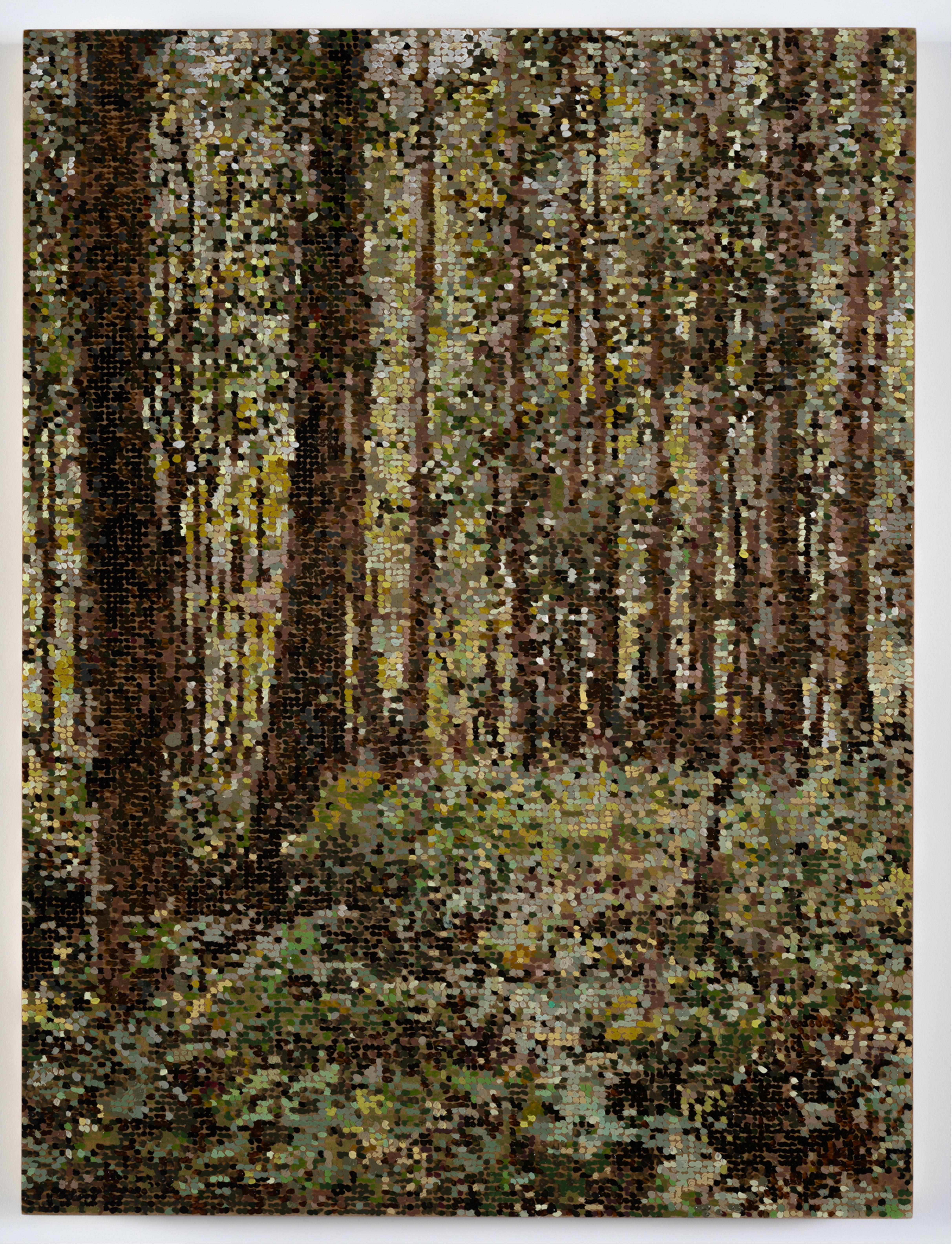 Landscape Painting Kirstin Lamb - Forestappled Forest, paysage forestier pointilliste, feuilles vertes, arbres bruns, bois