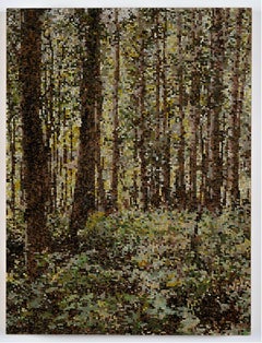 Dappled Forest, Pointillist Forest Landscape, Green Leaves, Brown Trees, Woods