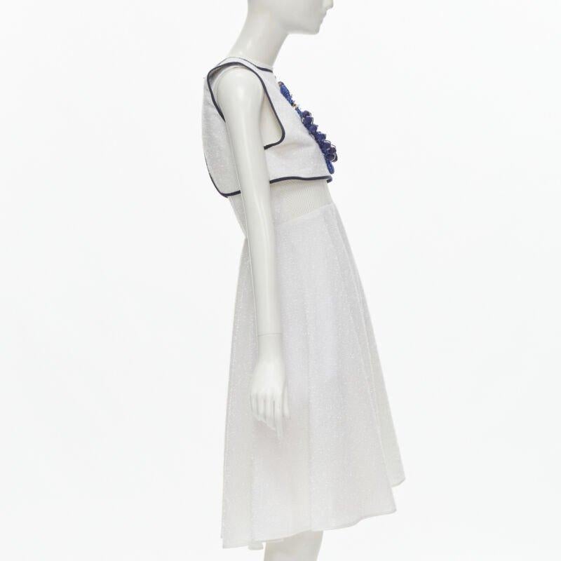 KIRSTY WARD white metallic tinsel blue wire bead embellished dress UK10 M In Good Condition For Sale In Hong Kong, NT
