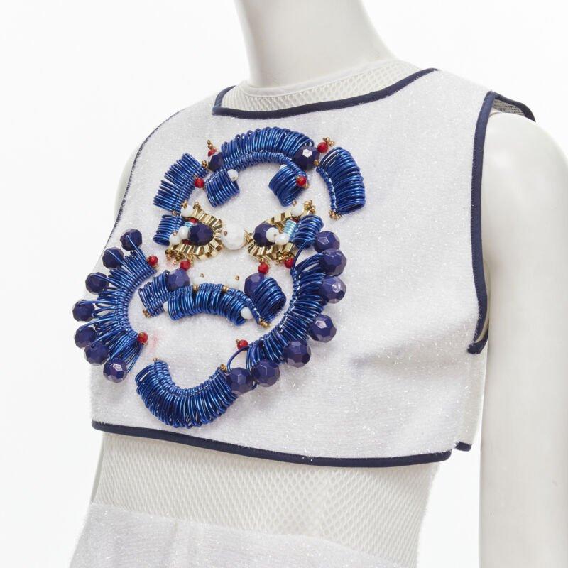 KIRSTY WARD white metallic tinsel blue wire bead embellished dress UK10 M For Sale 2
