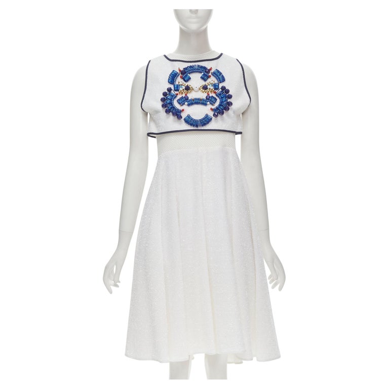 KIRSTY WARD white metallic tinsel blue wire bead embellished dress UK10