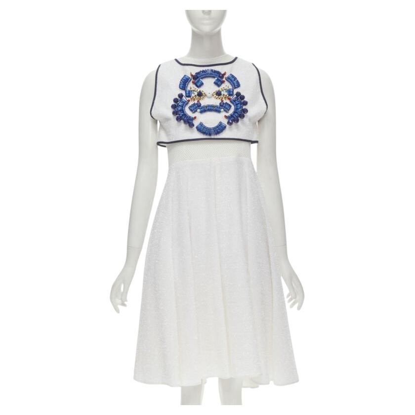 KIRSTY WARD white metallic tinsel blue wire bead embellished dress UK10 M For Sale