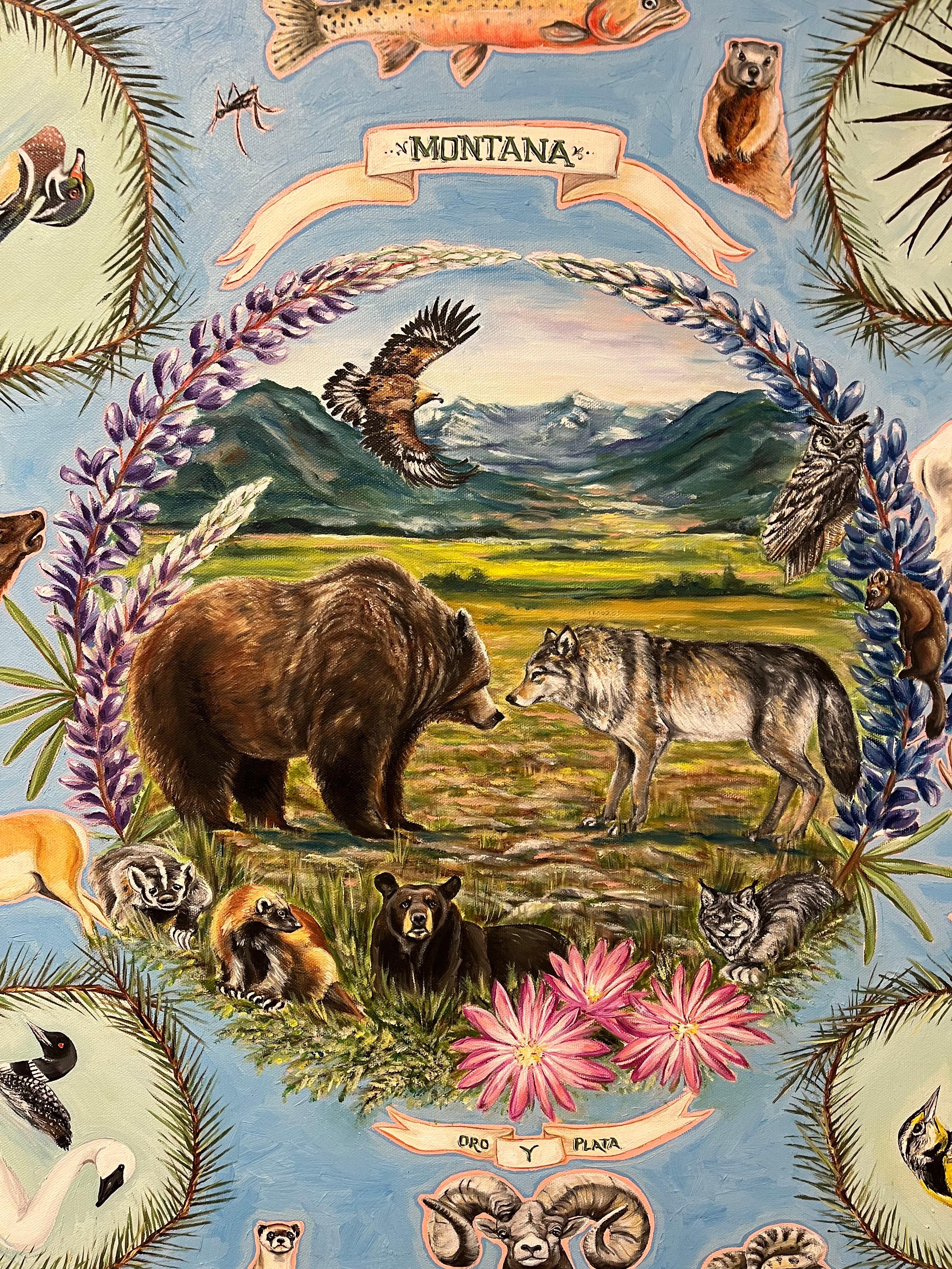 La flore et la faune du Montana - Gris Animal Painting par Kirstyn Wright