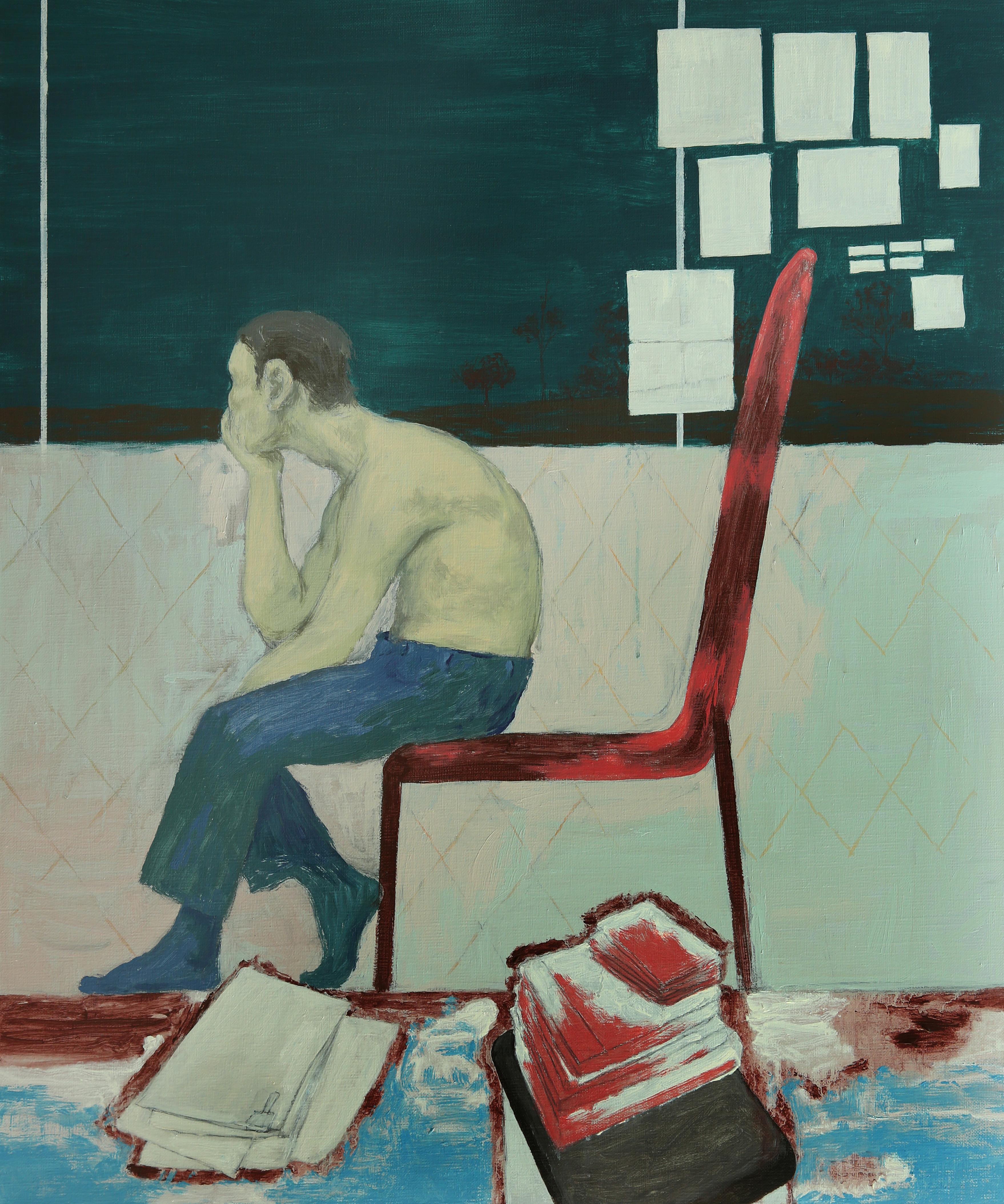 Reminiscent_131 [Acrylic, Man, Chair, Books] - Mixed Media Art by Kiseok Kim