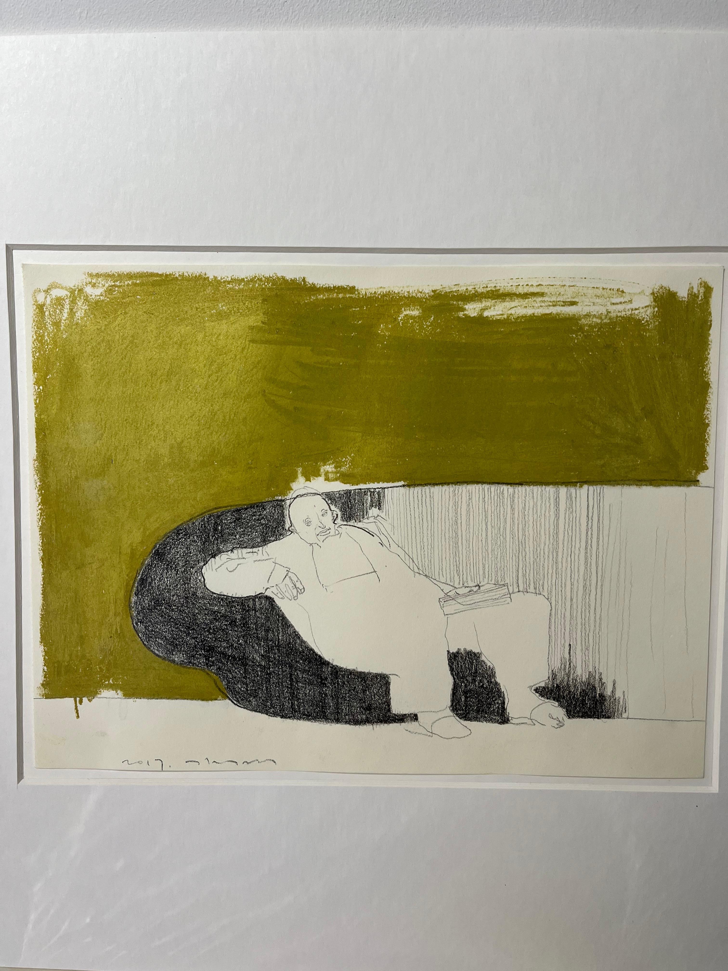 Kiseok Kim Portrait Painting - Reminiscent [drawing, Mixed media on paper, portrait, male, repose, Green]