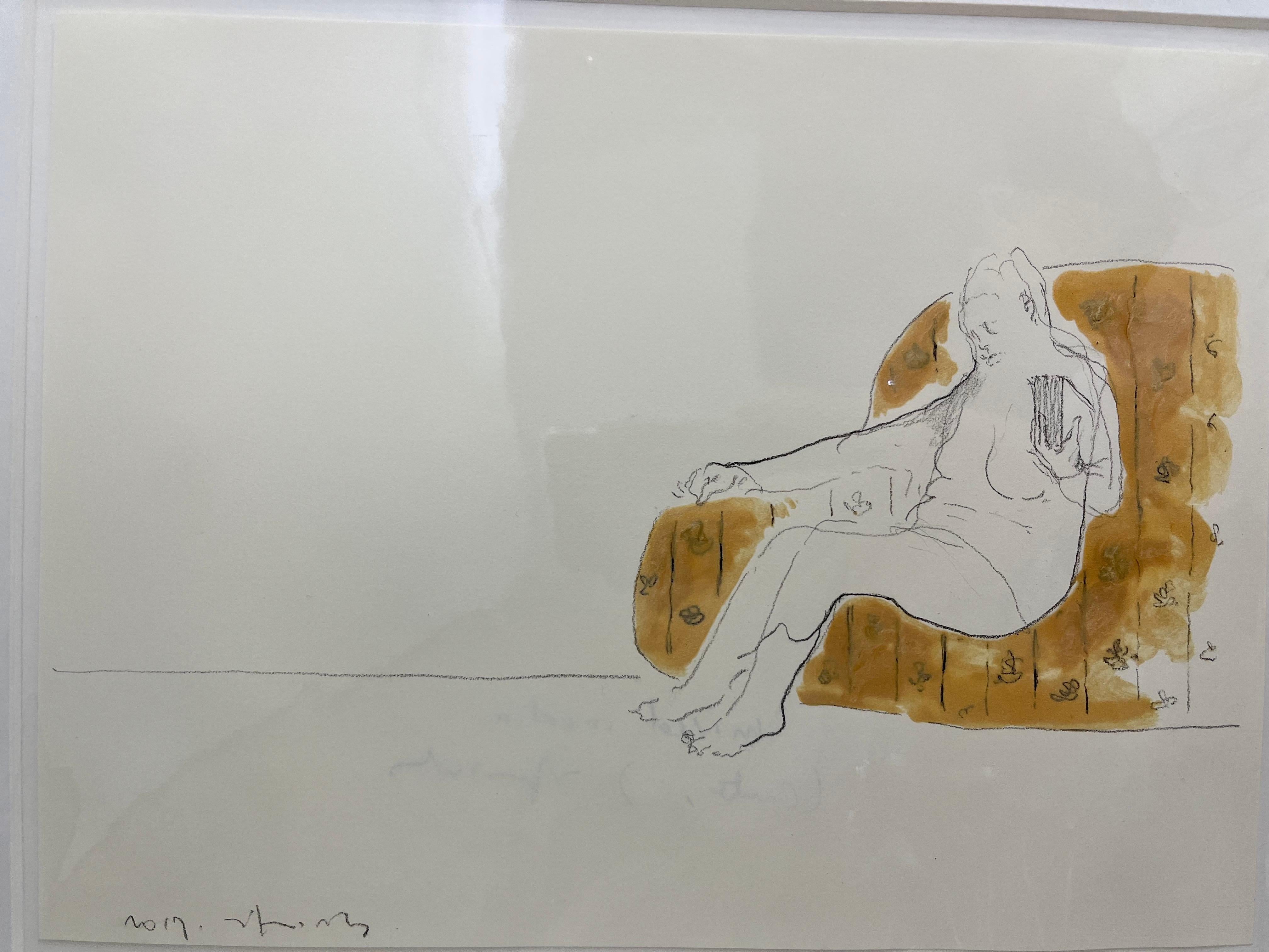 Reminiscent [drawing, Mixed media on paper, portrait, Male, Seat, Relax, Gold]