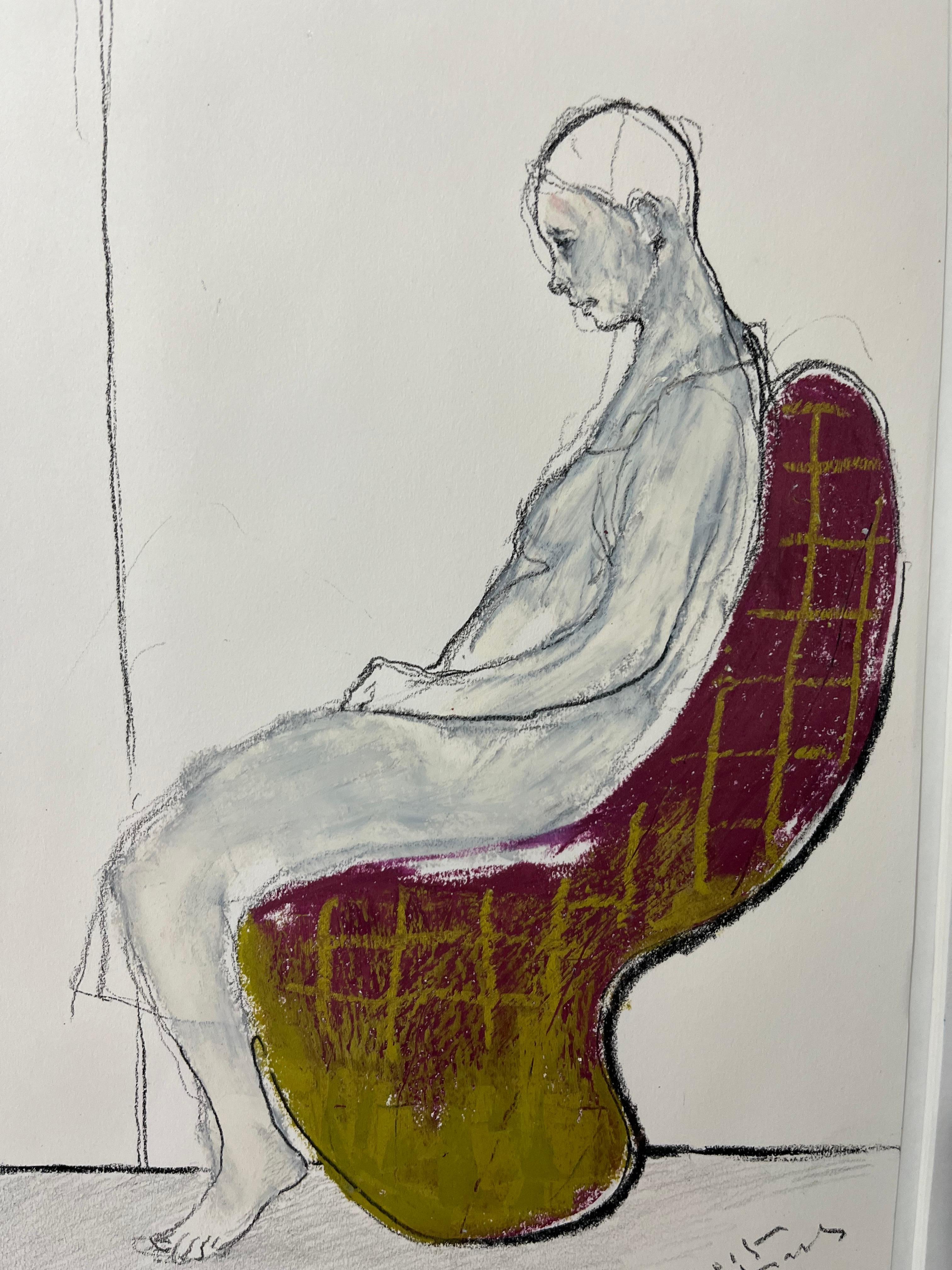 Reminiscent [drawing, Mixed media on paper, portrait, Red, Yellow, Male, Seat] - Contemporary Painting by Kiseok Kim