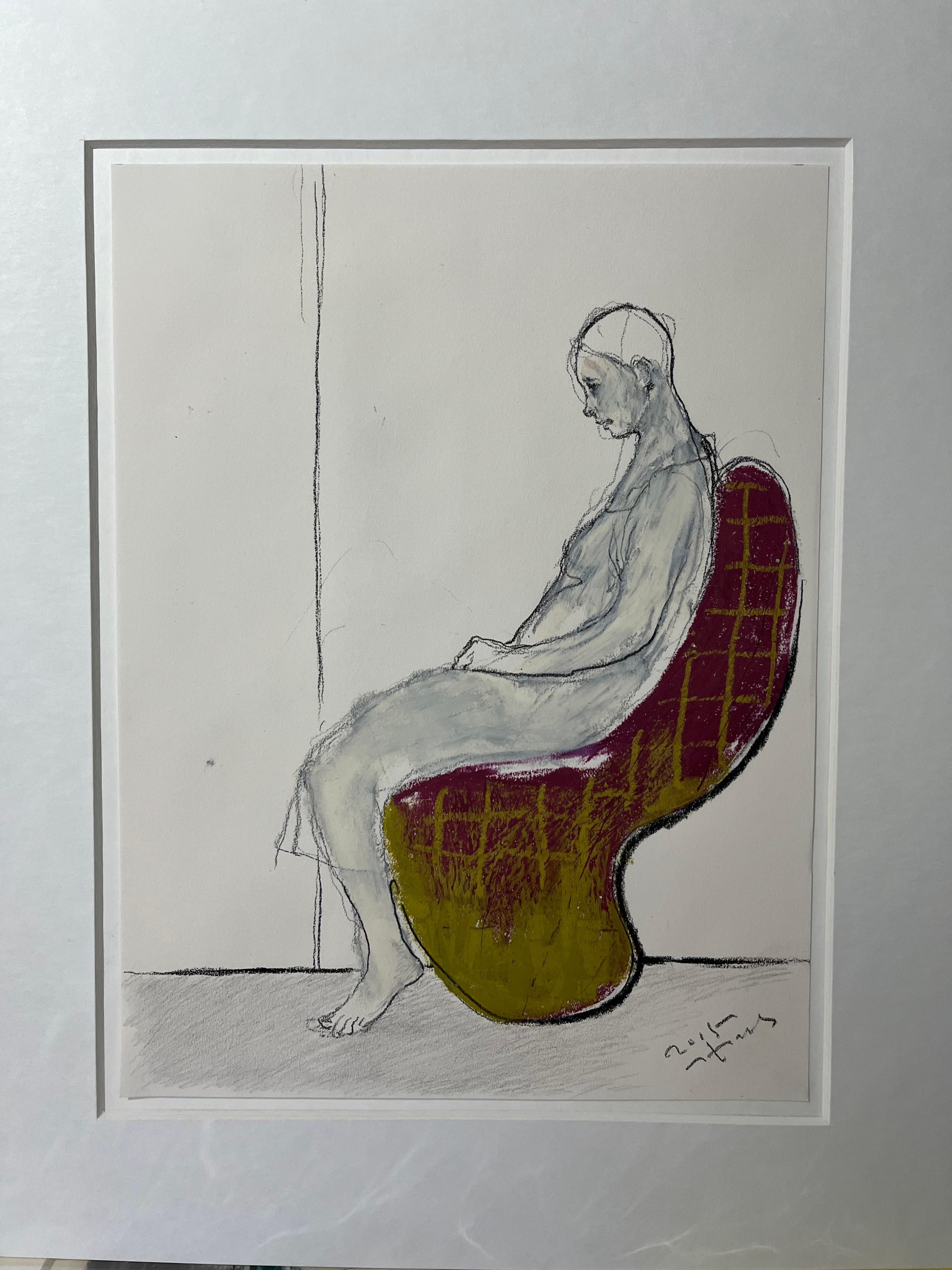 Reminiscent [drawing, Mixed media on paper, portrait, Red, Yellow, Male, Seat] - Gray Portrait Painting by Kiseok Kim