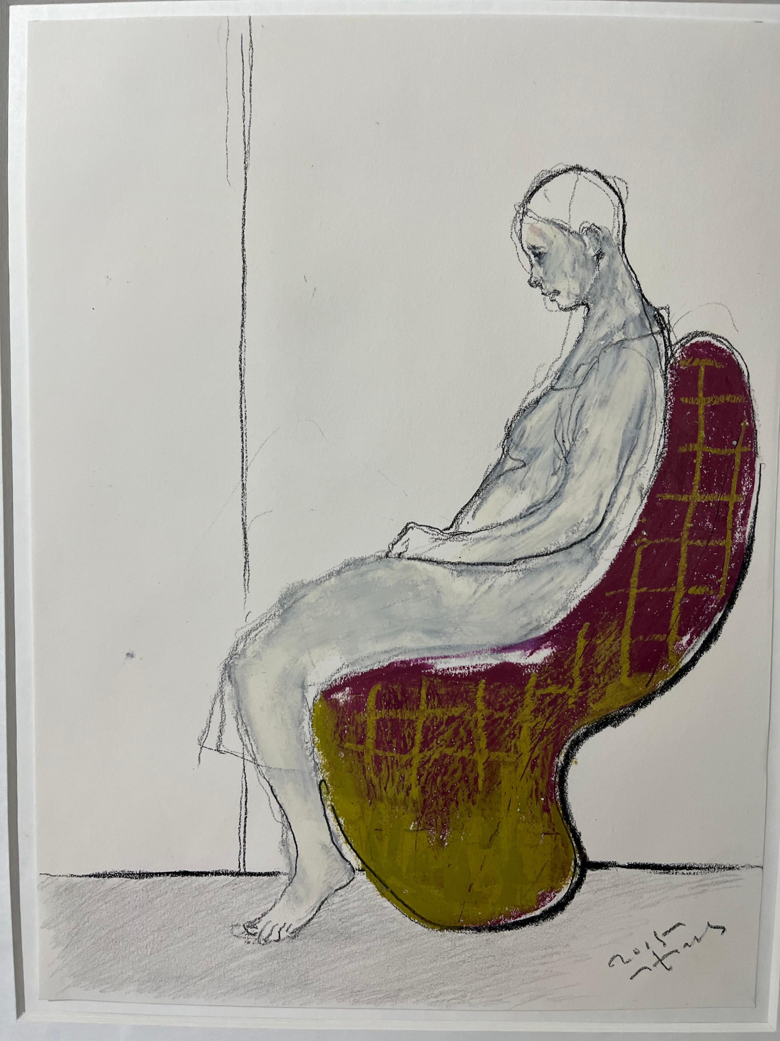 Kiseok Kim Portrait Painting - Reminiscent [drawing, Mixed media on paper, portrait, Red, Yellow, Male, Seat]