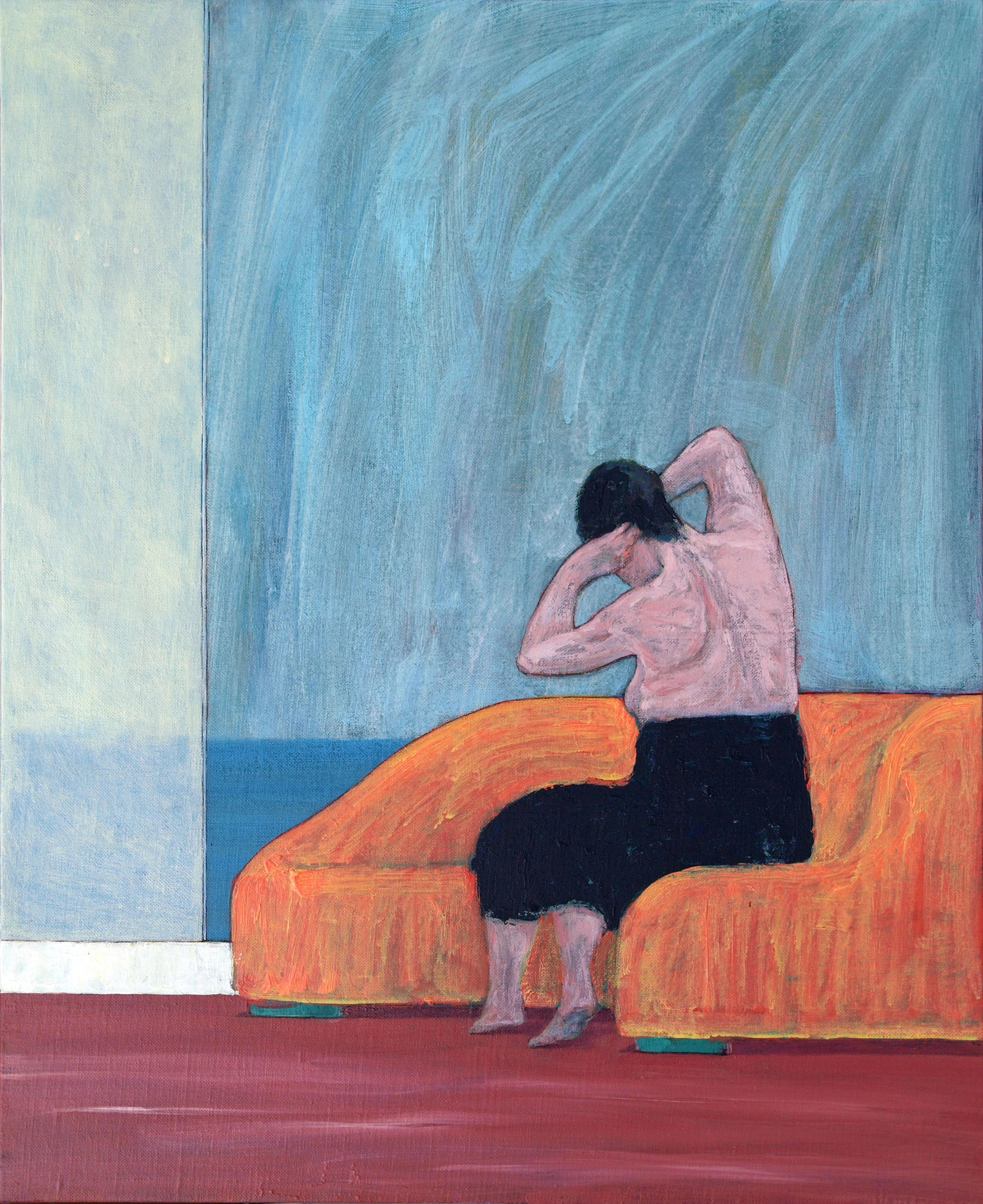 Frauen sitzend [Frau:: Acryl:: Tusche auf Leinwand:: allein:: Melancholic:: subtile Stimmung] – Mixed Media Art von Kiseok Kim