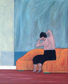 Woman sitting [Female, Acrylic, Ink on canvas, Alone, Melancholic, Subtle mood]