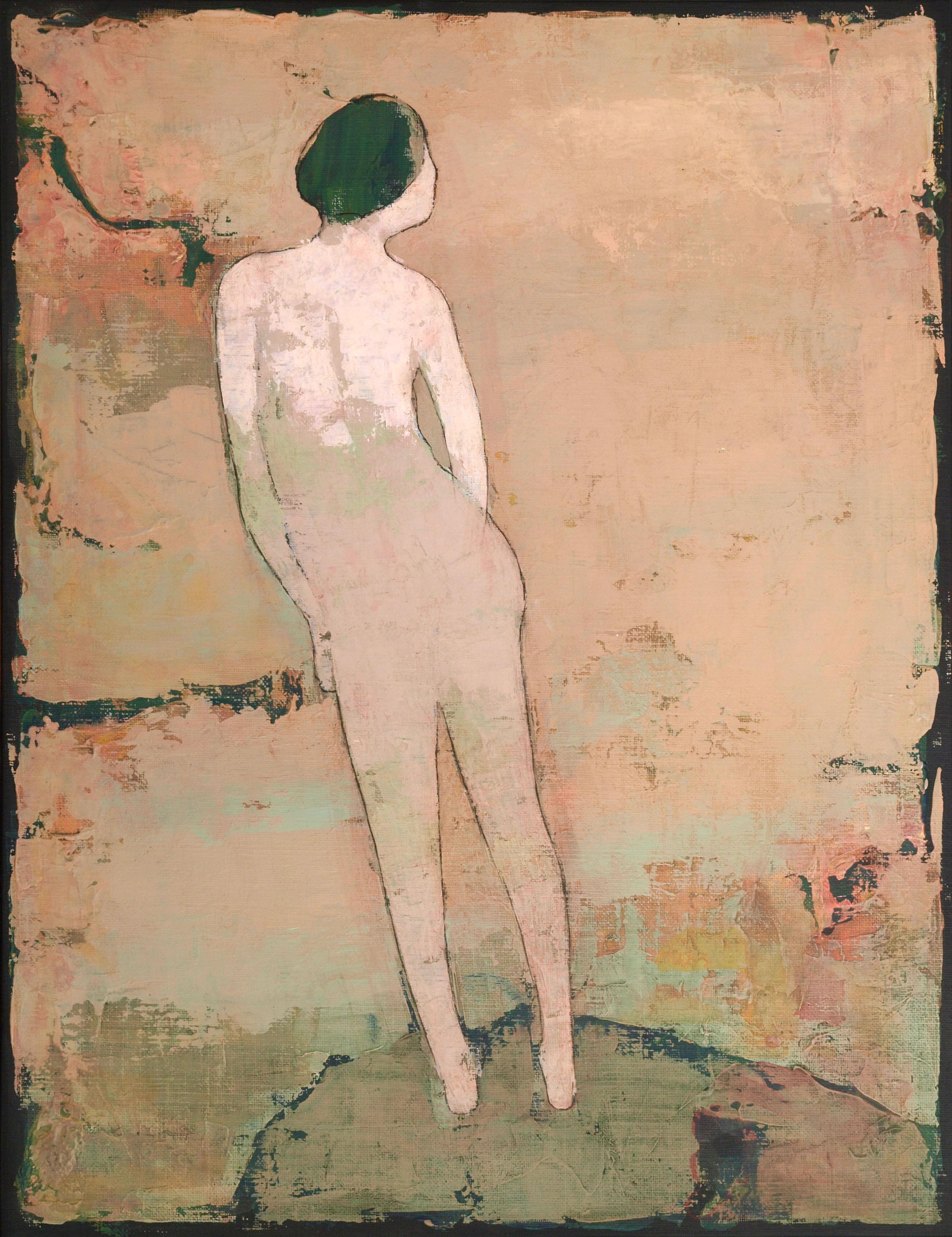Kiseok Kim Figurative Painting - Woman standing [Female, Acrylic, Ink on canvas, Alone, Stand alone, Subtle mood]