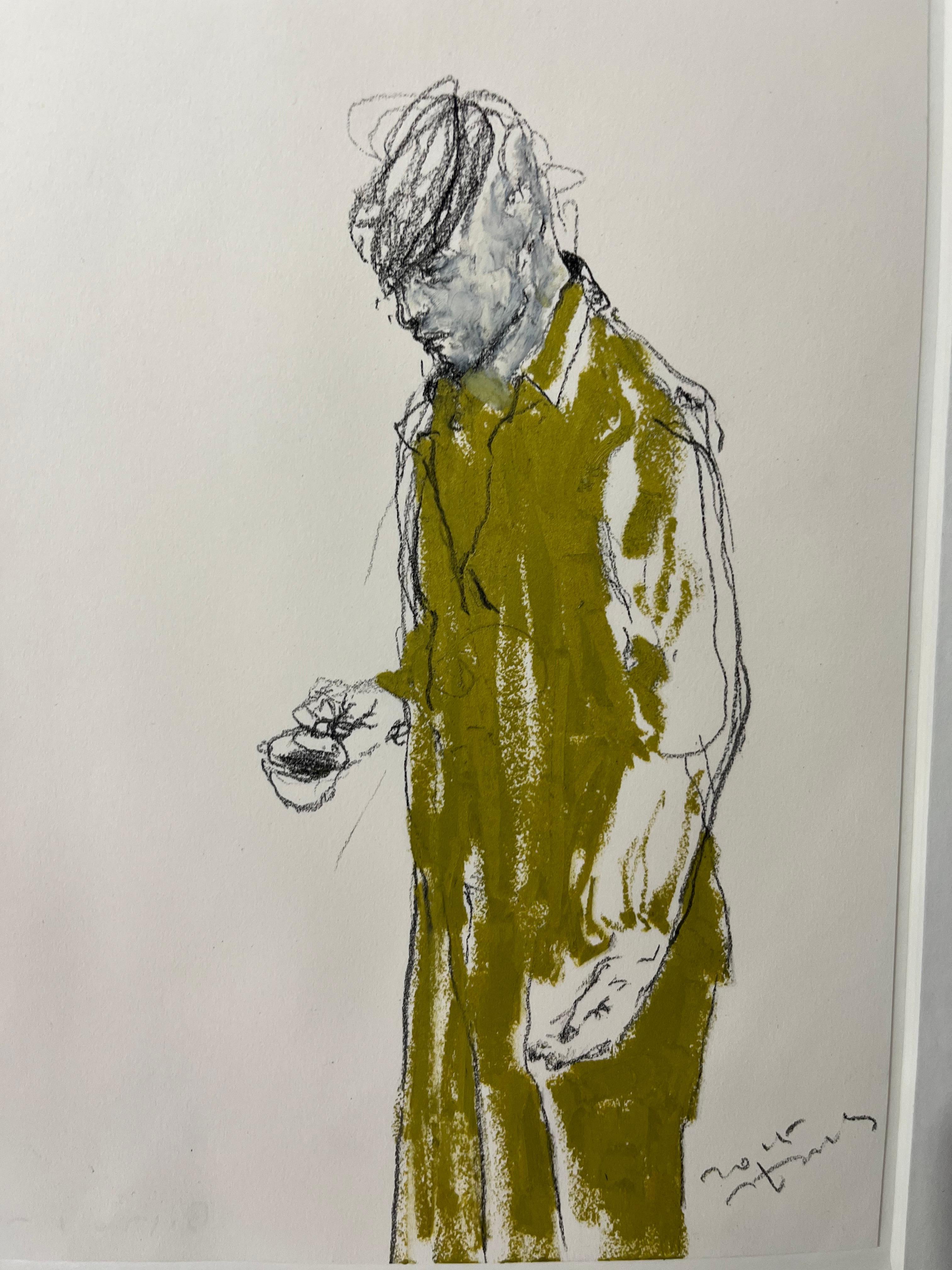 Reminiscent [drawing, Mixed media on paper, portrait, Yellow, Male, White] - Gray Portrait Photograph by Kiseok Kim