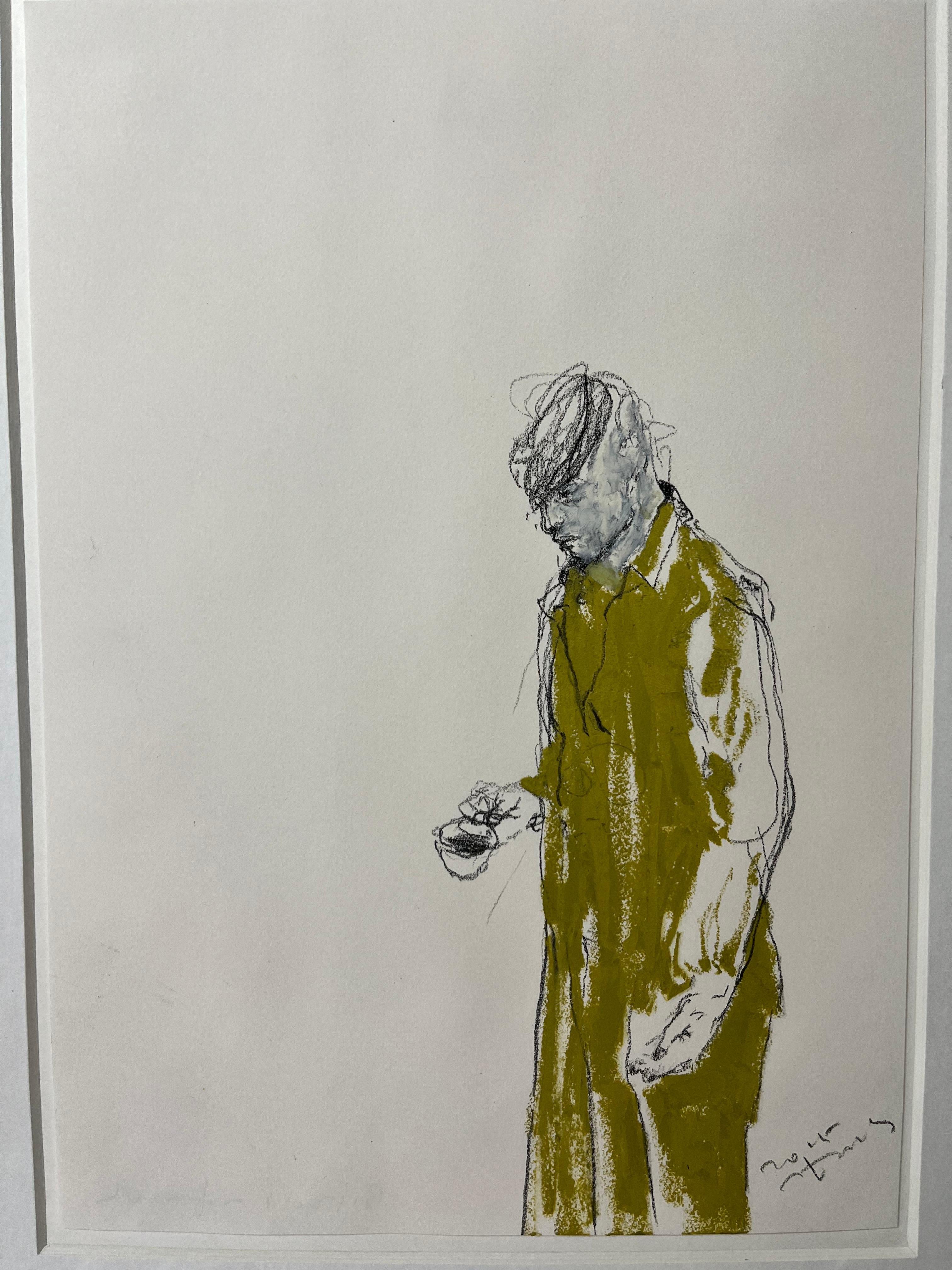 Portrait Photograph Kiseok Kim - Rappelant [ dessin, technique mixte sur papier, portrait, jaune, homme, blanc]