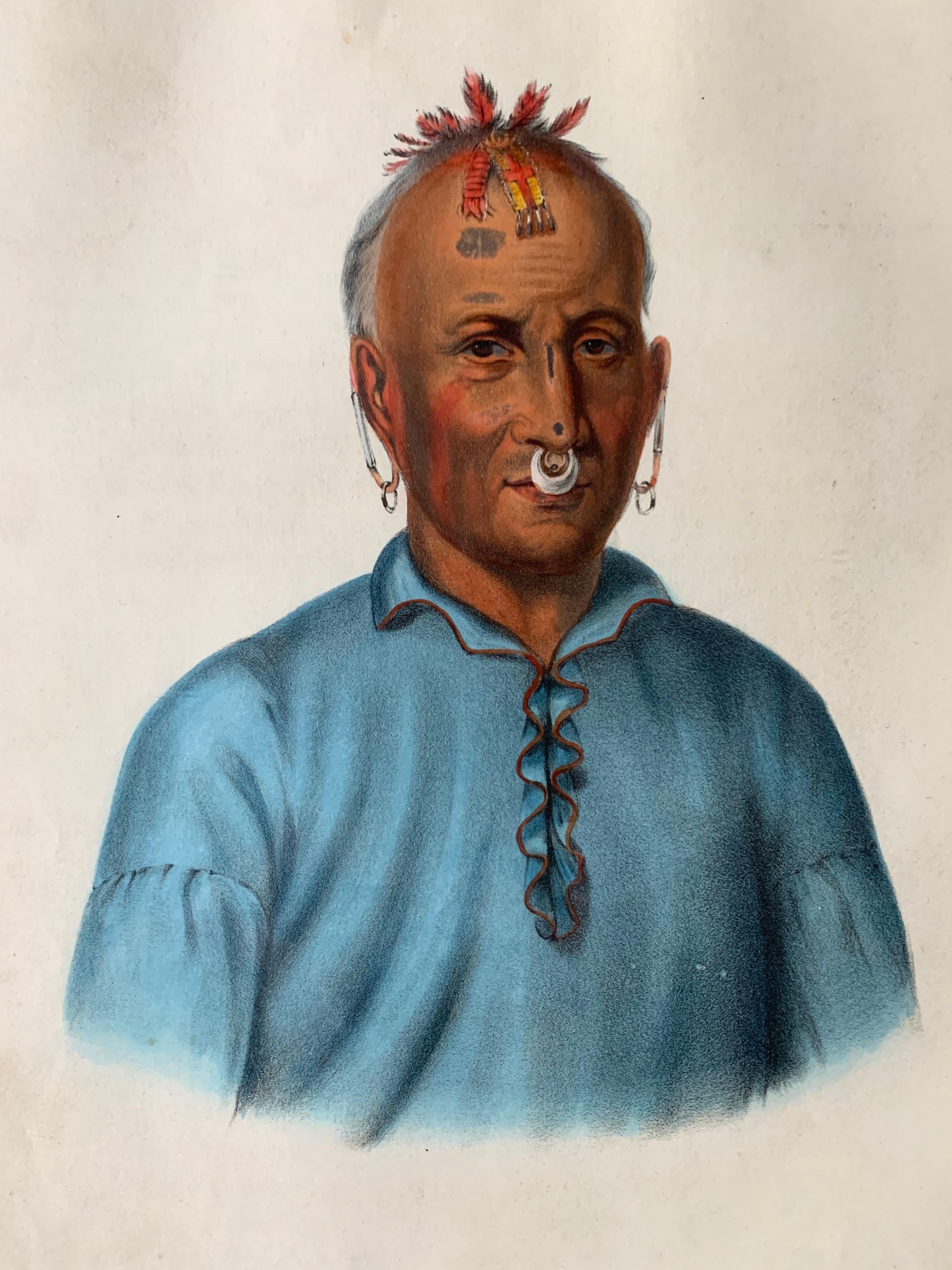 Kish-kal-wa Native American Indian Chief Lithograph. A Shawanoe Chief. Hand painted lithograph, in antique walnut frame.
D. Rice and A.N. Hart Publishers. Drawn, printed and colored J.T. Bowen, Philadelphia, original biography included with
