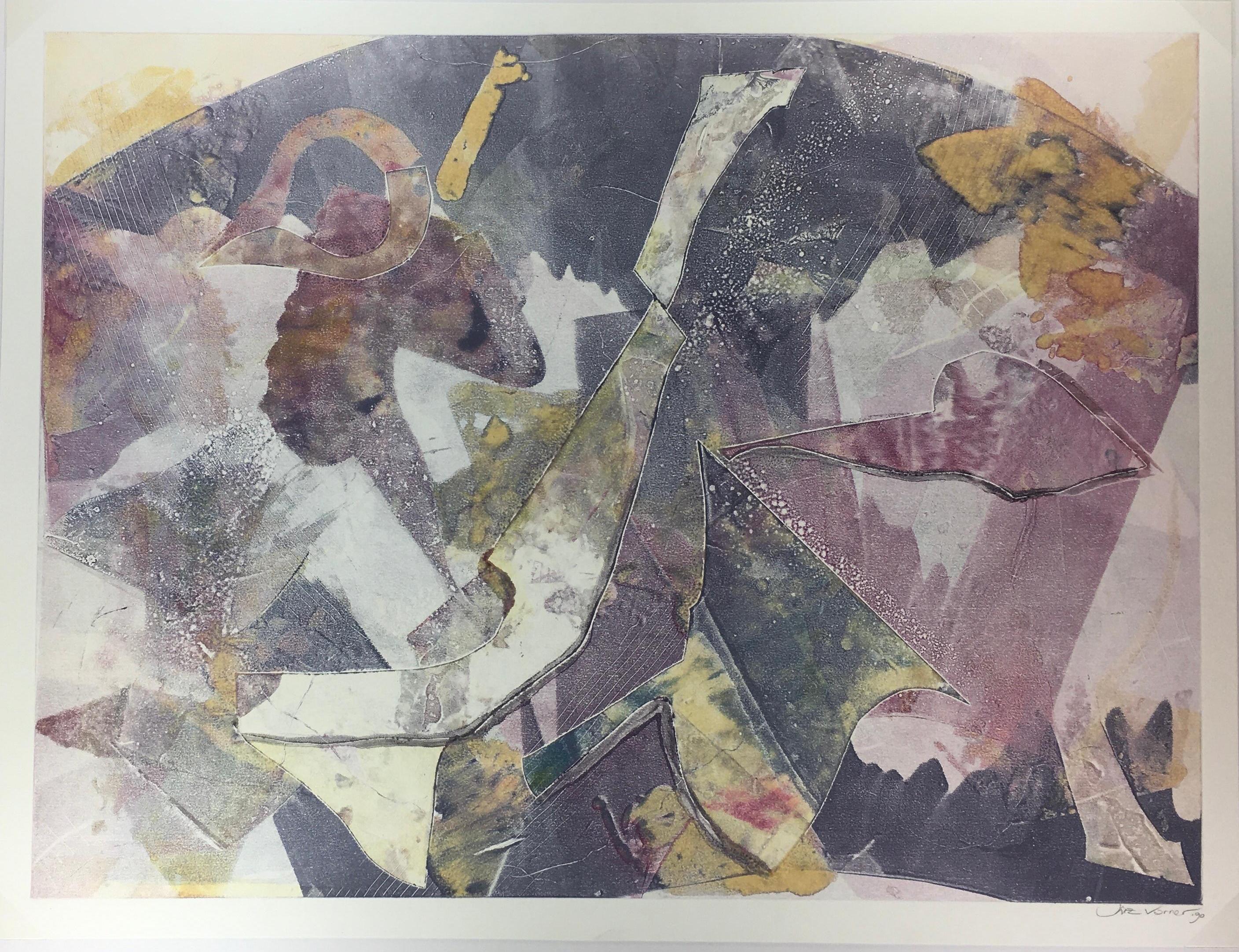 Geometric Patchwork in Plum and Ochre - Mixed Media Art by Kismine Varner