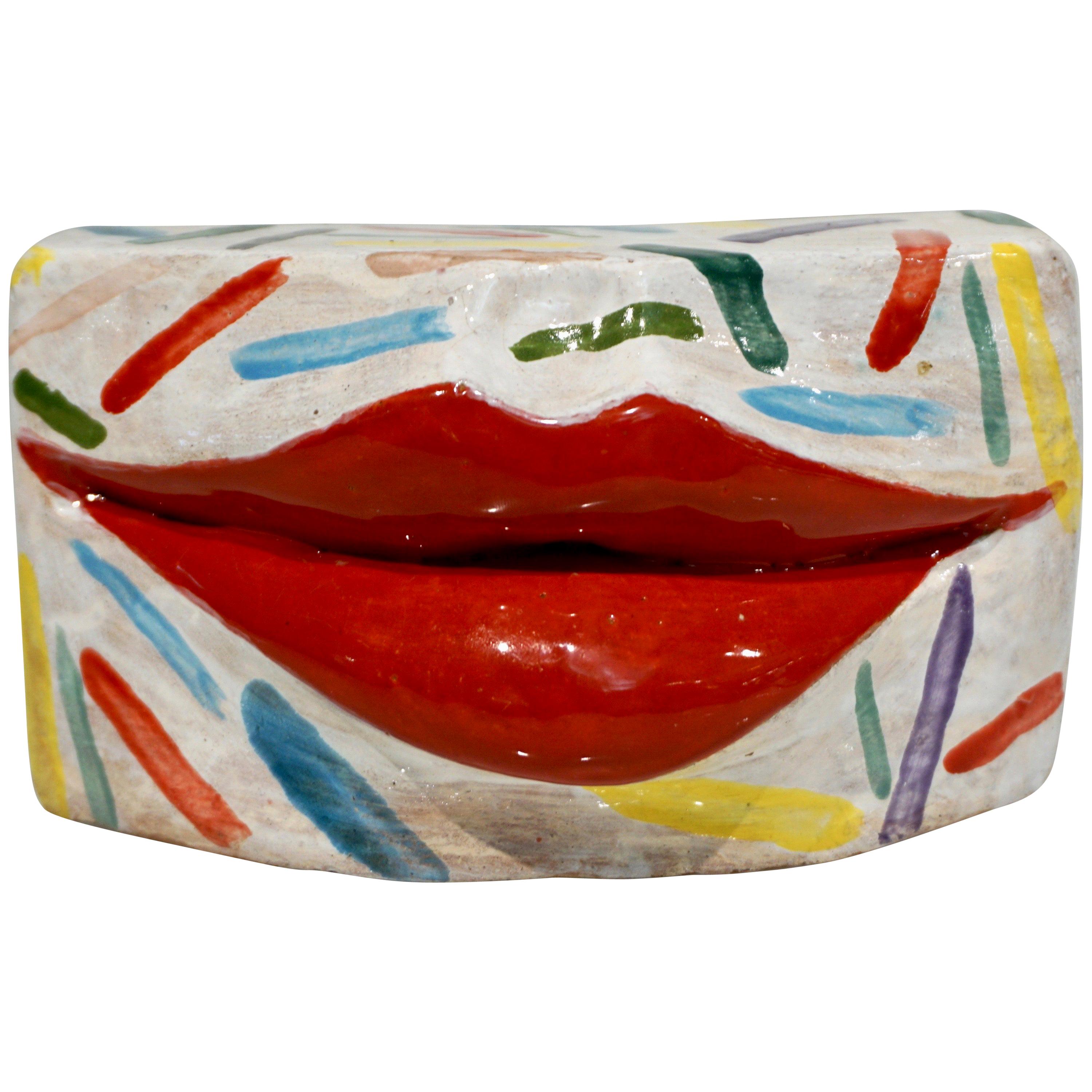Kiss, Italian Enameled Terracotta Sculpture by Ginestroni with Lipstick Red Lips
