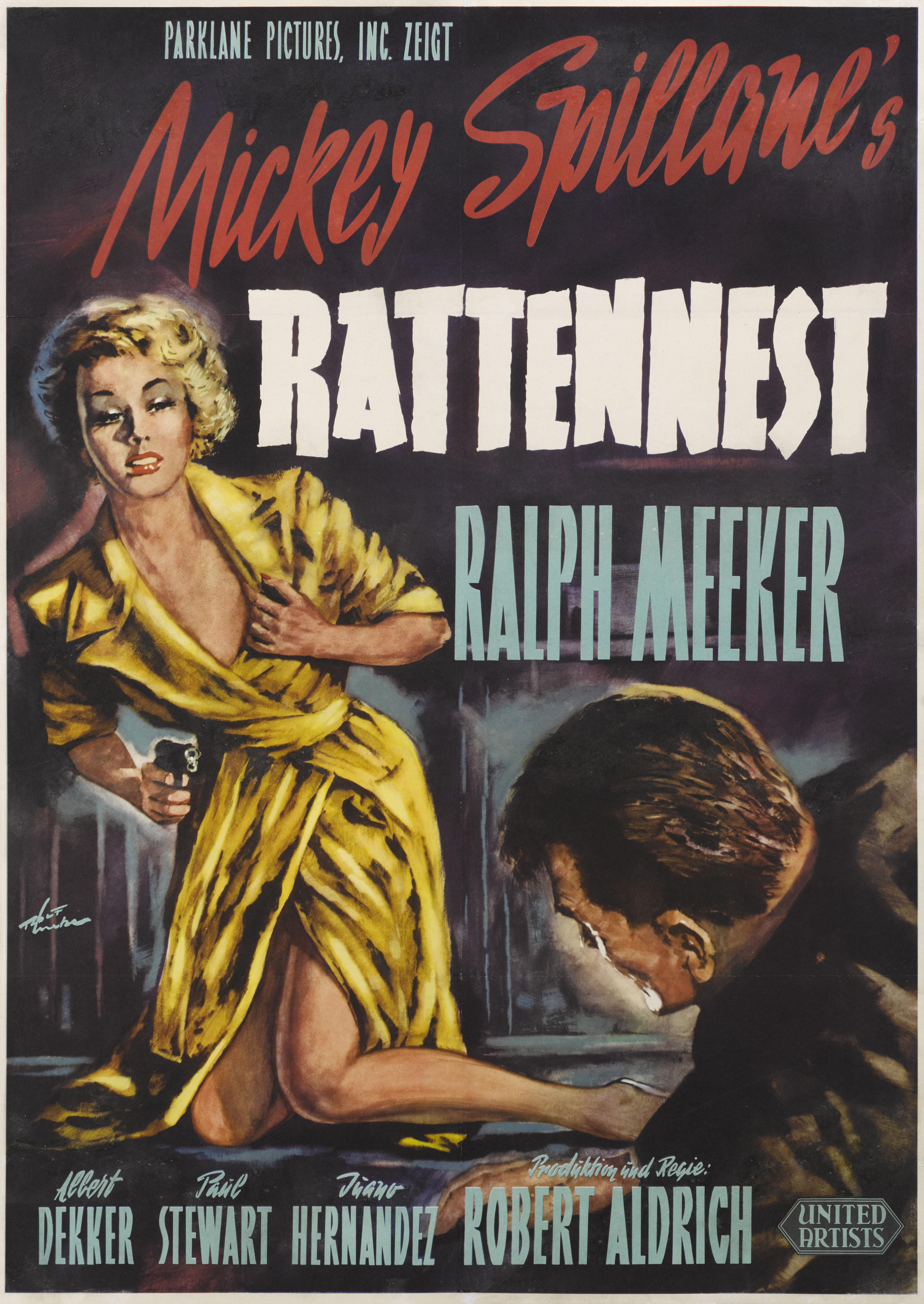 Original German film poster for Robert Aldrich's 1955 Film Noir Kiss Me Deadly.
The film was directed by Robert Aldrich and starred Ralph Meeker, Albert Dekker, Paul Stewart.
The film is based on Mickey Spillane's Mike Hammer novel and considered