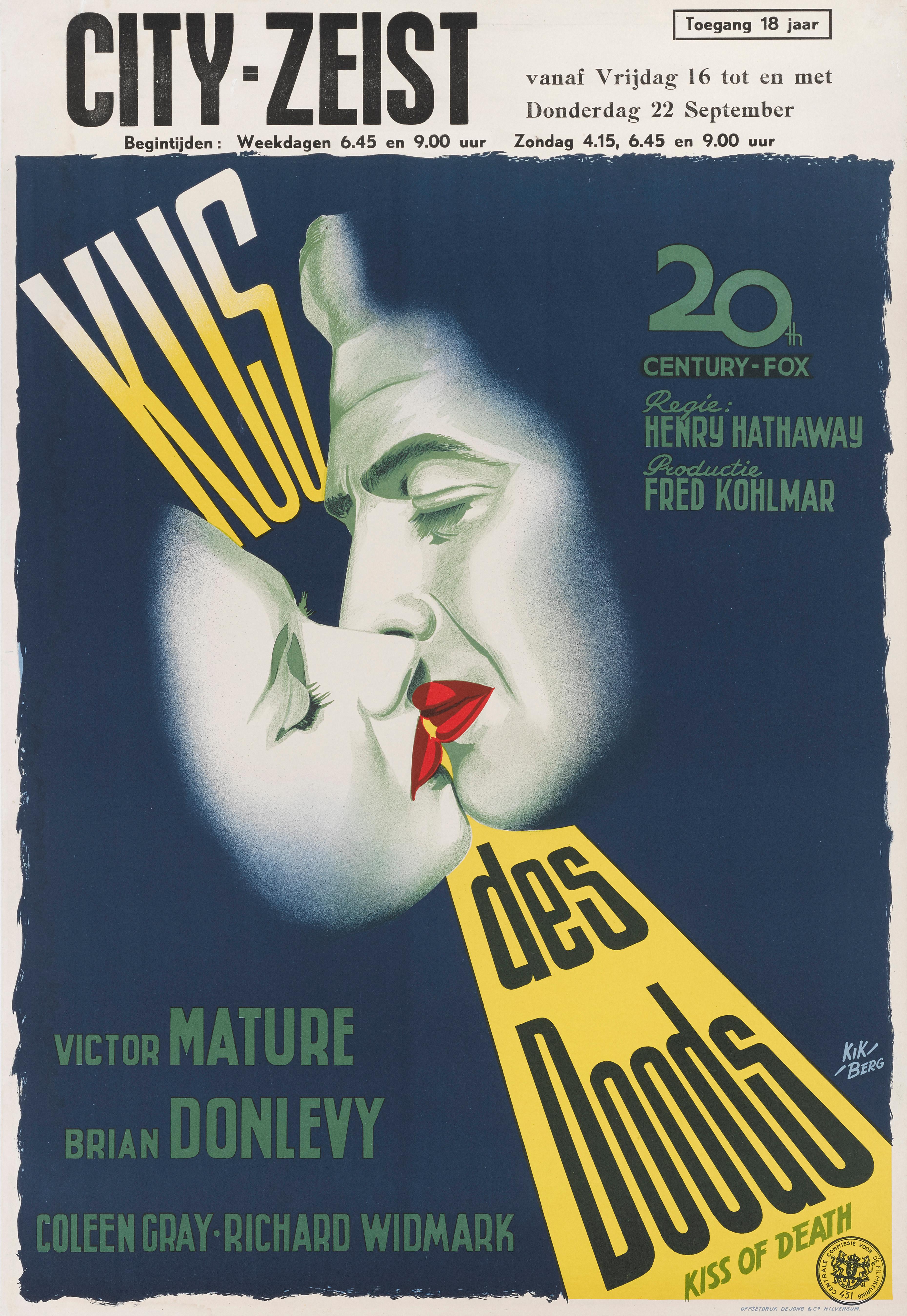 Originales niederländisches Filmplakat für den Film Noir Kiss of Death von 1947.
Dieser Film mit Victor Mature, Brian Donlevy und Coleen Gray in den Hauptrollen wurde von Henry Hathaway inszeniert.
Das wunderbare Design dieses Plakats wurde von Kik