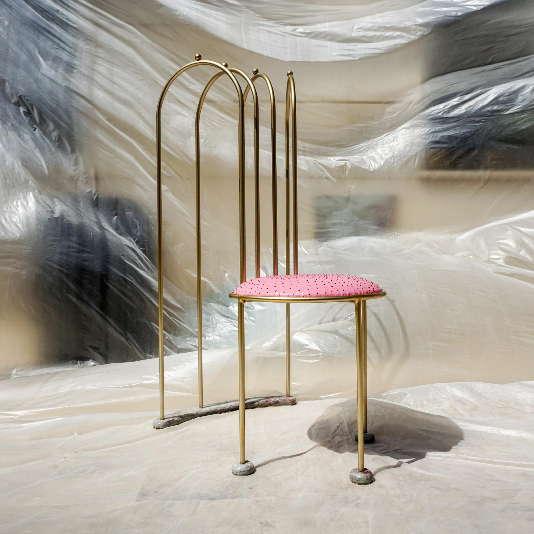 Kiss the Architect ‘Dine on Me' 2016 Chair Modern Art Brass Leather Side Pink In Good Condition In London, GB