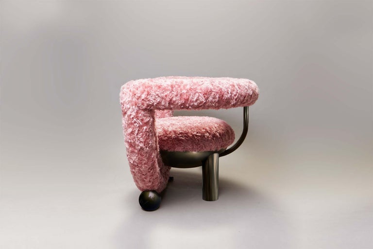 Portuguese Kissing Armchair by Lara Bohinc in Bronze Metal and Furry Rose Fabric, in Stock For Sale