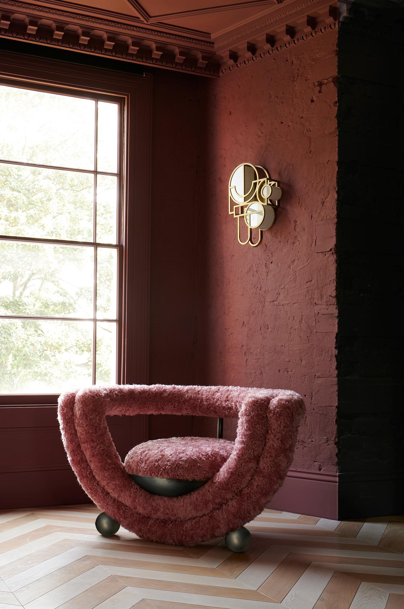Contemporary Kissing Armchair, Modern, Sculptural, Rounded, Bronze Metal, Furry Pink Wool For Sale