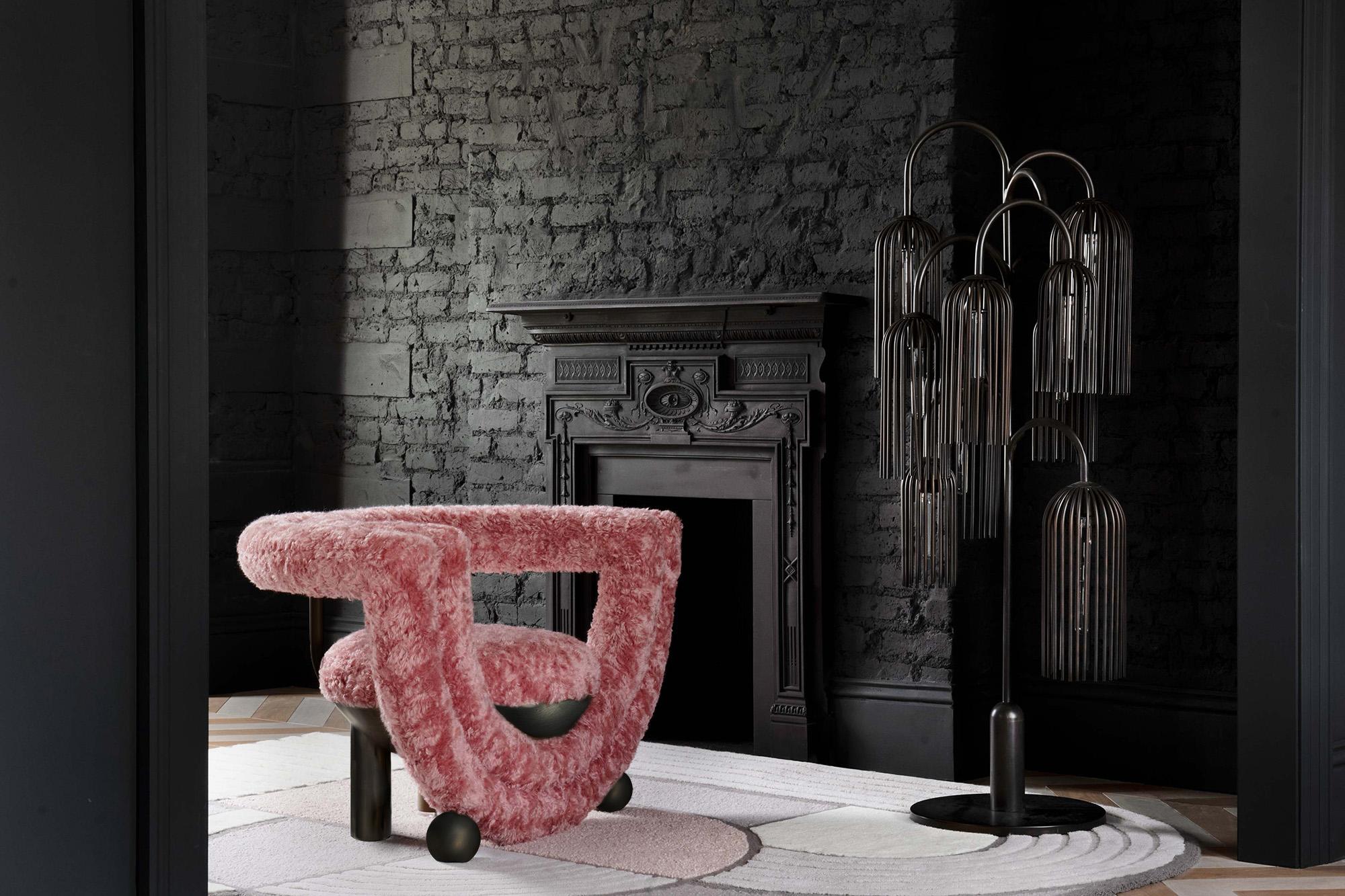 Contemporary Kissing Armchair by Lara Bohinc in Bronze Metal and Furry Rose Fabric For Sale