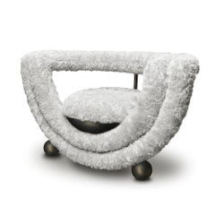 Kissing Armchair, Modern, Sculptural, Rounded, Bronze Metal Cream Furry Fabric