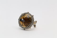 KISUM 14k White & Yellow Gold Large Smoky Quartz Diamond Ring, Size 8 - 32.9g
