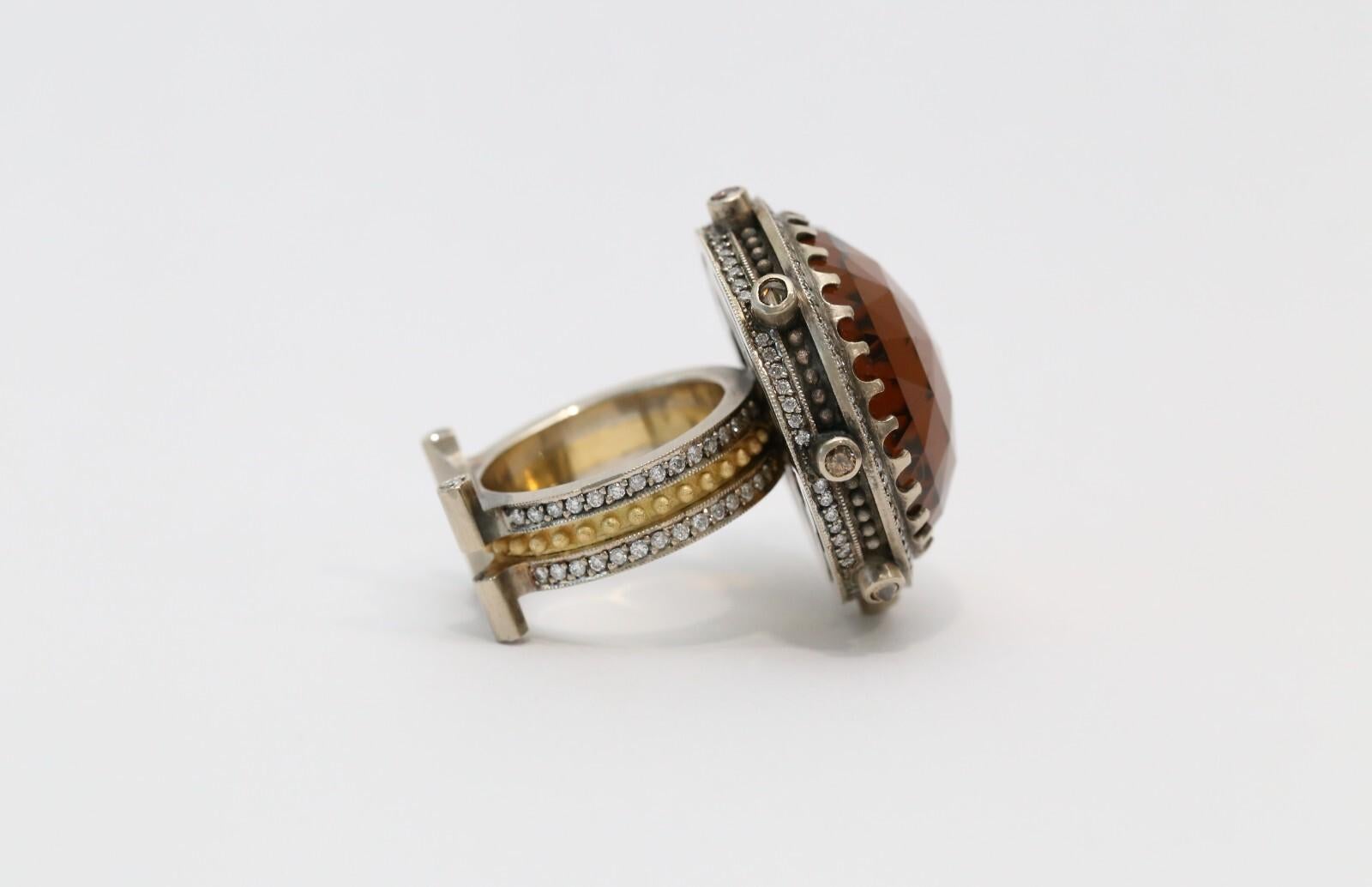 KISUM 14k White & Yellow Gold Large Smoky Quartz Diamond Ring, Size 8 - 32.9g (Gemischter Schliff) im Angebot