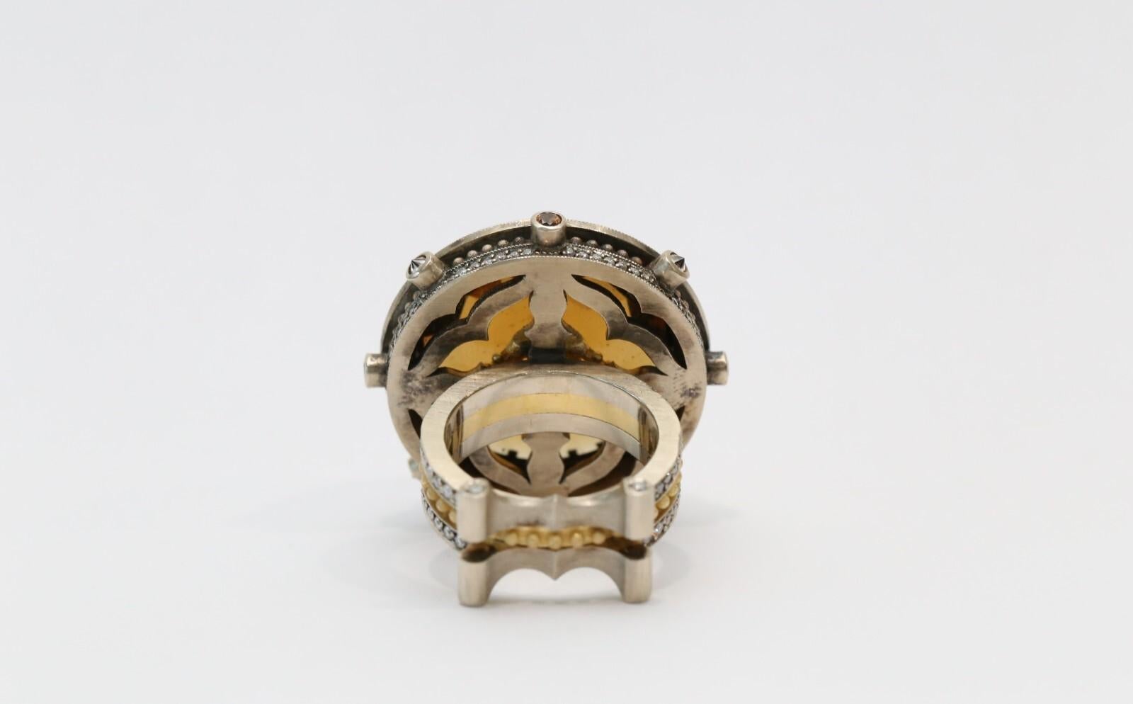 KISUM 14k White & Yellow Gold Large Smoky Quartz Diamond Ring, Size 8 - 32.9g für Damen oder Herren im Angebot