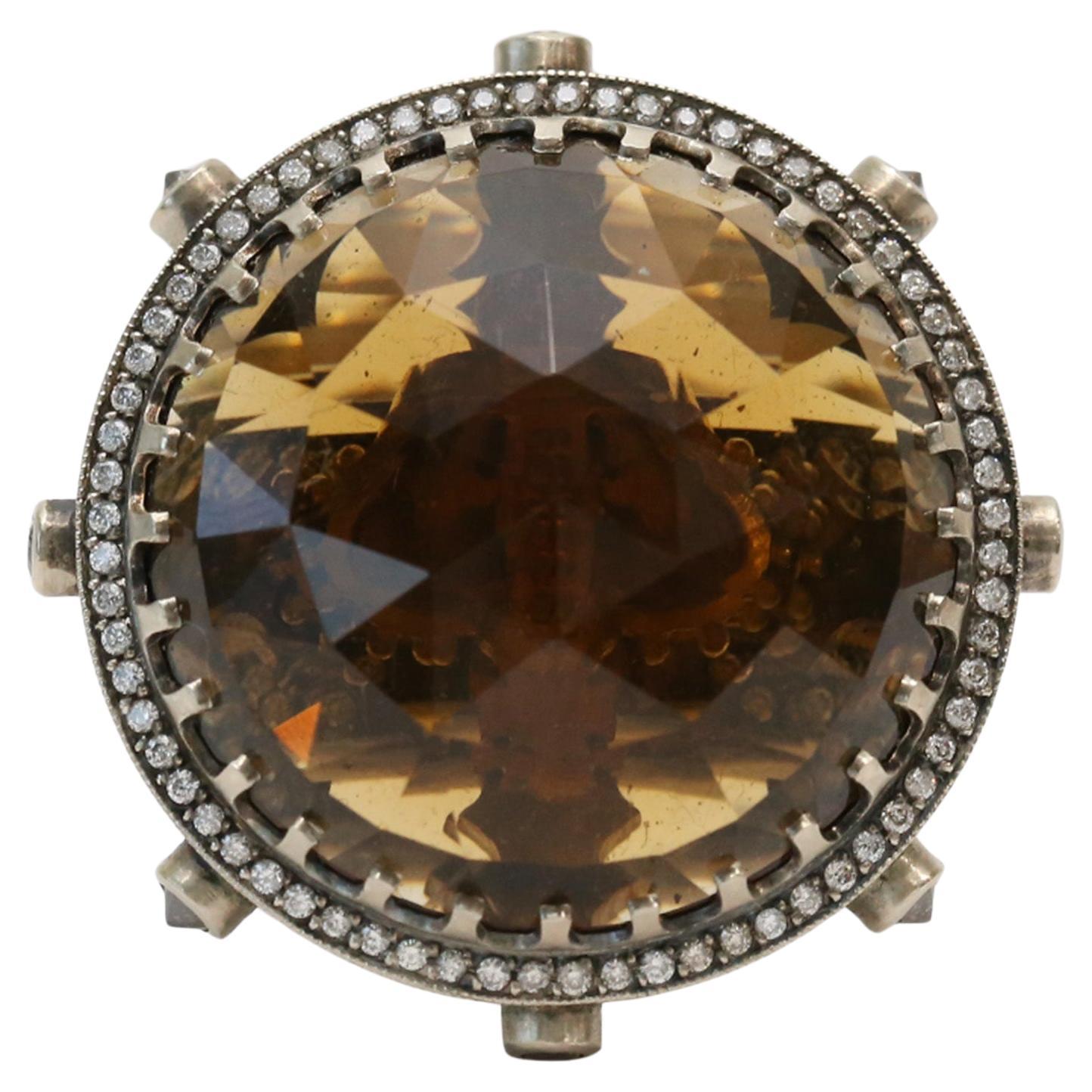 KISUM 14k White & Yellow Gold Large Smoky Quartz Diamond Ring, Size 8 - 32.9g