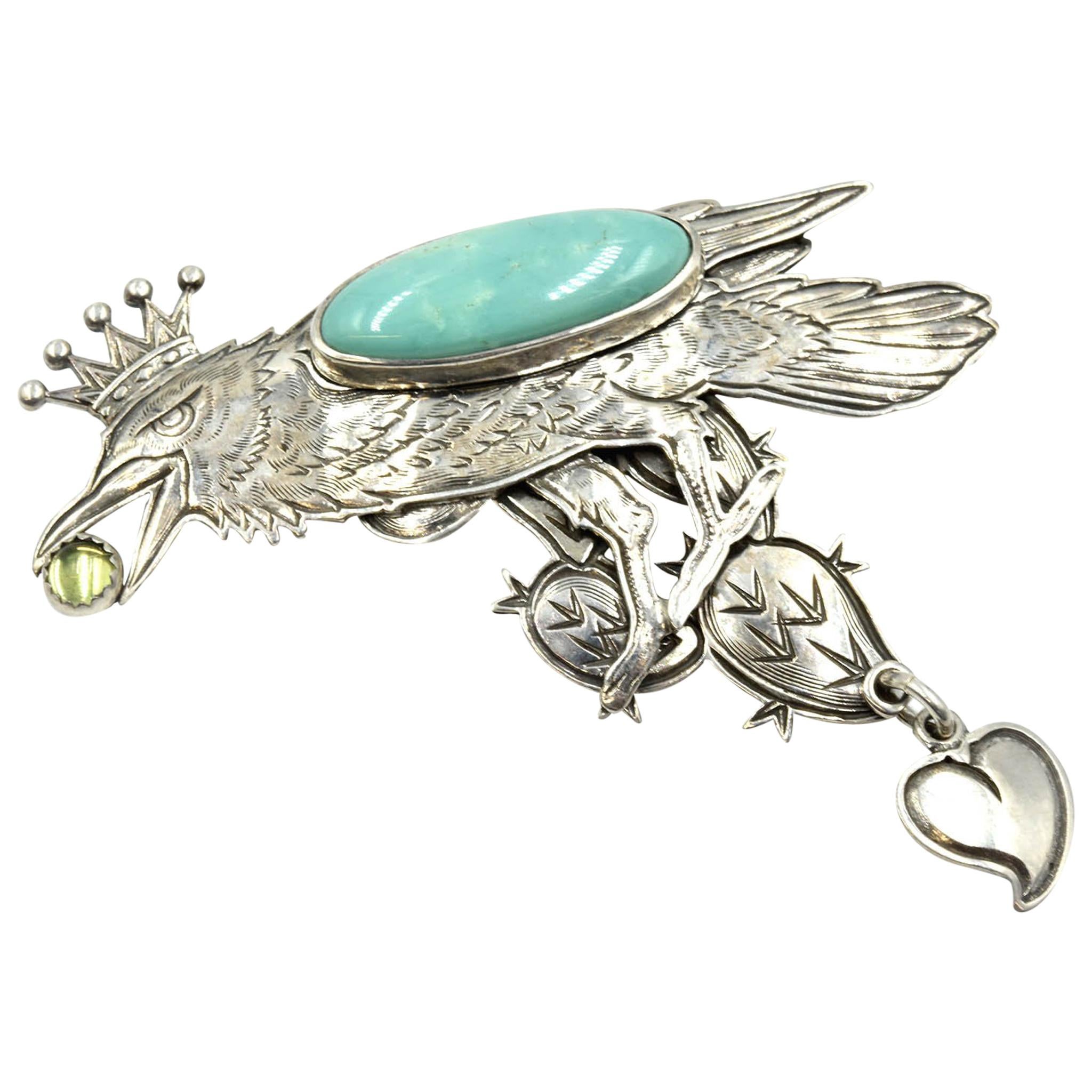 Kit Carson Sterling Silver Turquoise Raven King Pin with Cactus