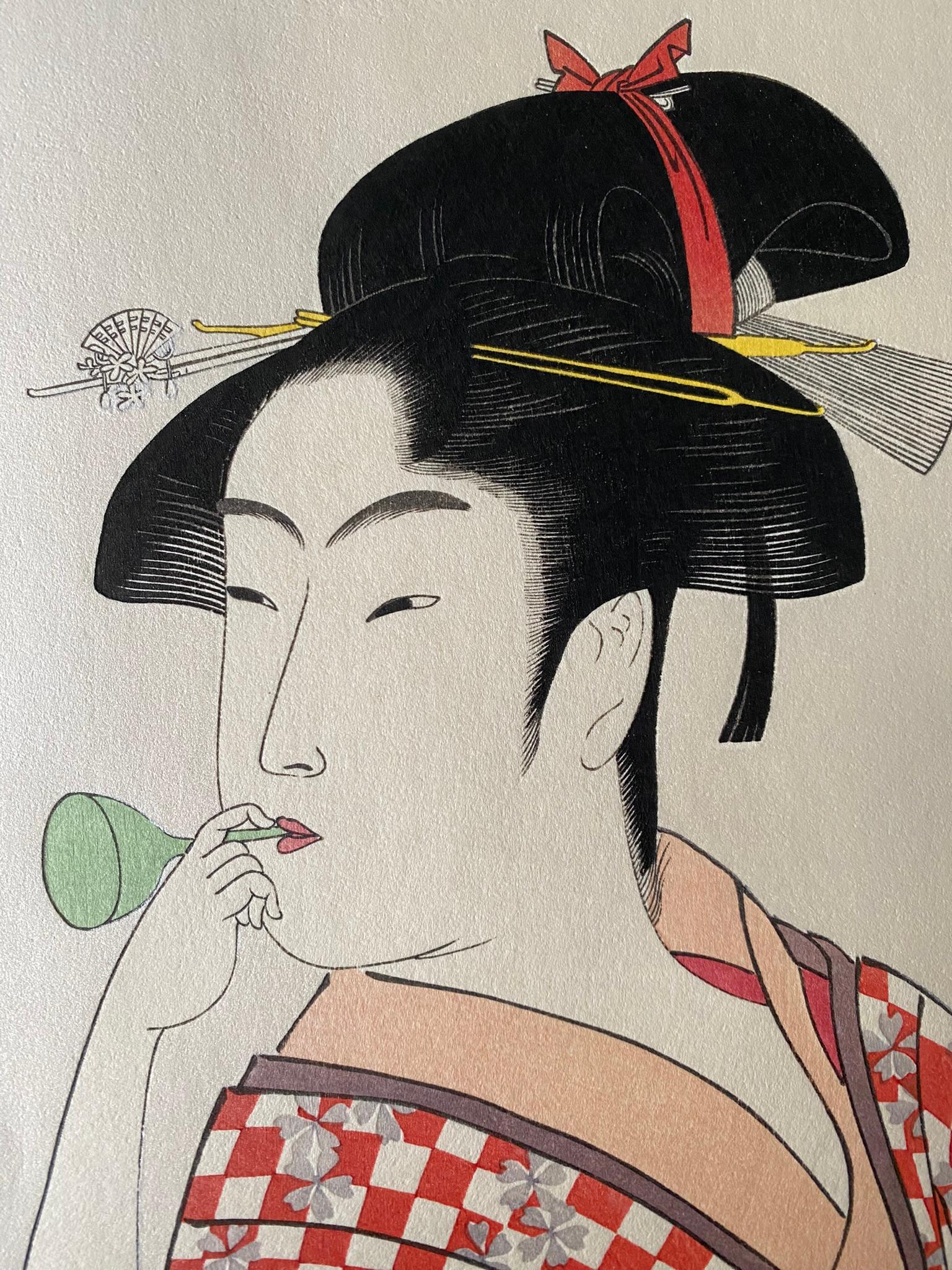 婦女人相十品Fujo Ninso-Autentico Woodblock print-Popen o Fuku Musume-Editore giapponese - Print di Kitagawa Utamaro