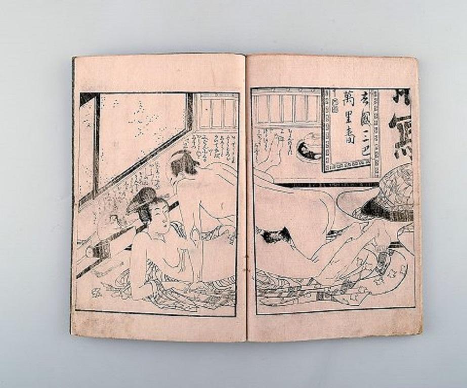 Kitagawa Utamaro II (d. 1831). Japanese shunga book with erotic woodcut pictures. A total of 16 image pages. Dated 1810-1815.
In very good condition.
Measures: 22 x 15 cm.