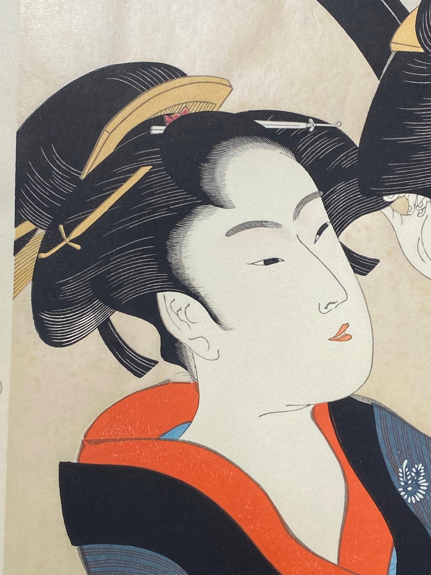 Edo Kitagawa Utamaro Japanese Woodblock Print  Naniwa Okita Admiring Herself For Sale