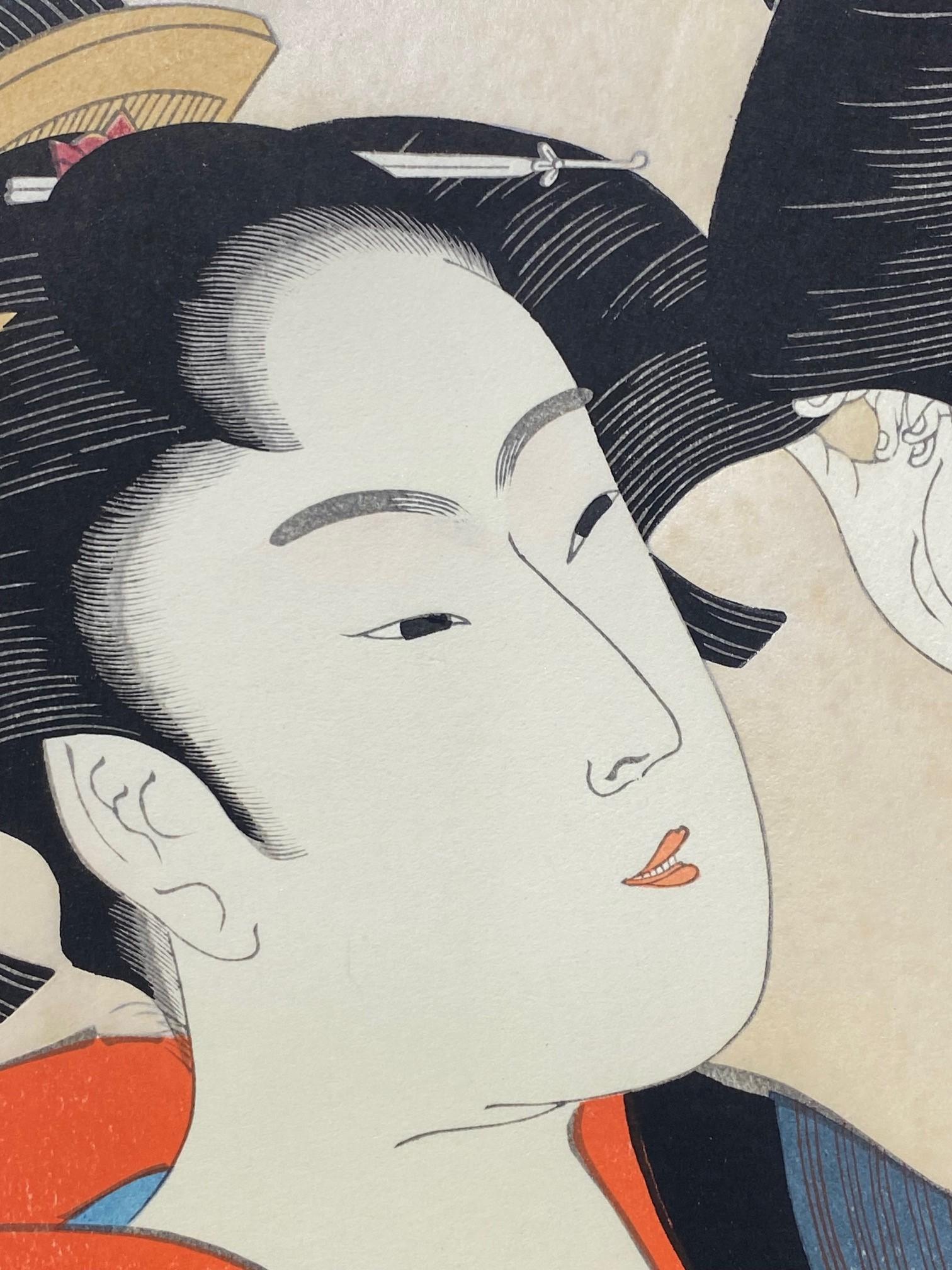 20th Century Kitagawa Utamaro Japanese Woodblock Print  Naniwa Okita Admiring Herself For Sale