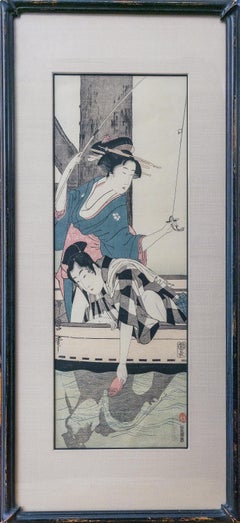 "橋下男女魚釣 Mann und Frau fischen unter einer Brücke" Gerahmter japanischer Farbholzschnitt
