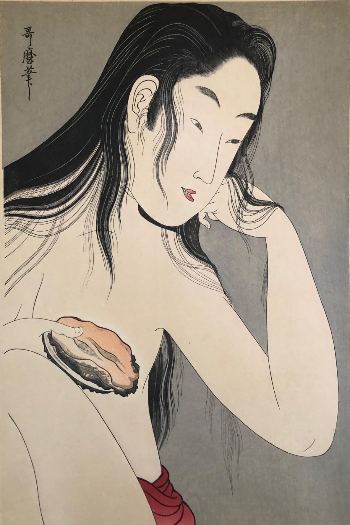 Utamaro Kitagawa – active ca. 1753-1806 
Woodblock Print
title : Awabi Diver with Shell  
date: Showa era edition 

size : oban, approx. 9.5 x 14.5 inches

Note : Utamaro Ktagawa (1753-1806) was a Japanese print maker and painter, and is considered