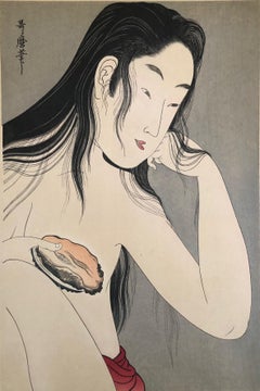 Antique Awabi Diver with shell - Japanese Woodblock print by Kitagawa Utamaro 