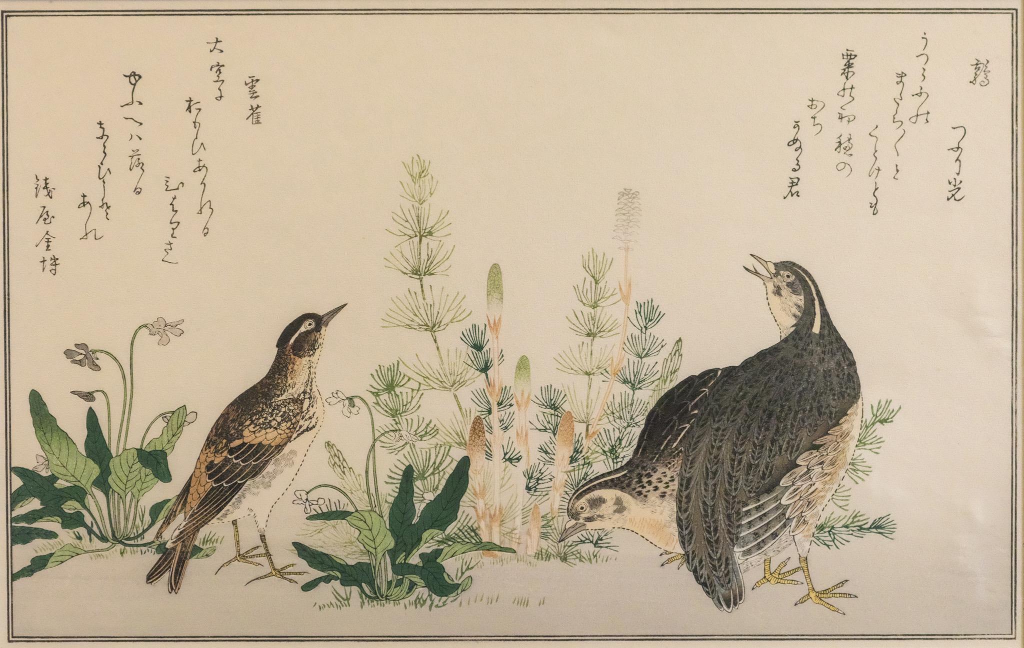 Animal Print Kitagawa Utamaro - "Caille, alouette (Uzura hibari)" Gravure sur bois japonaise d'oiseaux avec poème sur la Nature