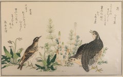 "Caille, alouette (Uzura hibari)" Gravure sur bois japonaise d'oiseaux avec poème sur la Nature