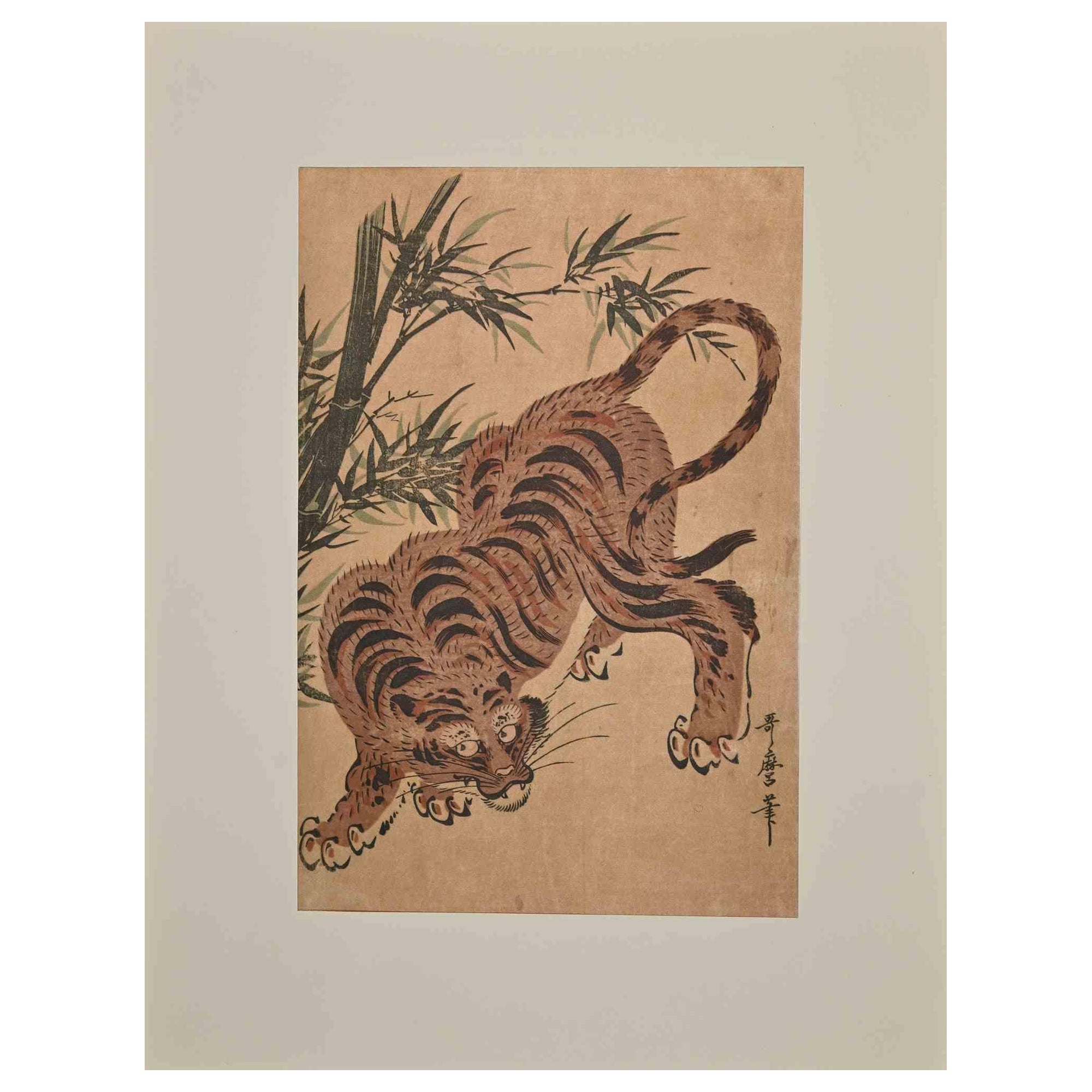 Tiger im Bambus  ist ein wunderschöner Farbdruck nach Kitagawa Utamaro, der 1956 von Edizioni Beatrice d'Este, einem Mailänder Verlag, gedruckt wurde.

Siebdruck auf Seide, nach dem berühmten Originalholzschnitt.

Sehr gute Bedingungen,