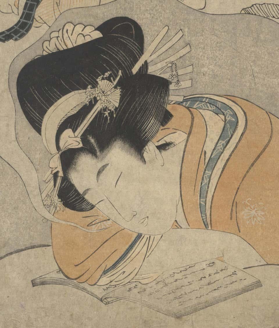 Utamaro I Kitagawa, Ukiyo-e, Japanese Woodblock Print, 19th Century, Dream - Brown Figurative Print by Kitagawa Utamaro