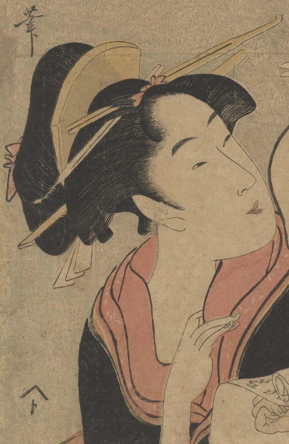 Utamaro I Kitagawa, Ukiyo-e, Japanese Woodblock Print, Kimono, Edo, Lovers - Brown Portrait Print by Kitagawa Utamaro