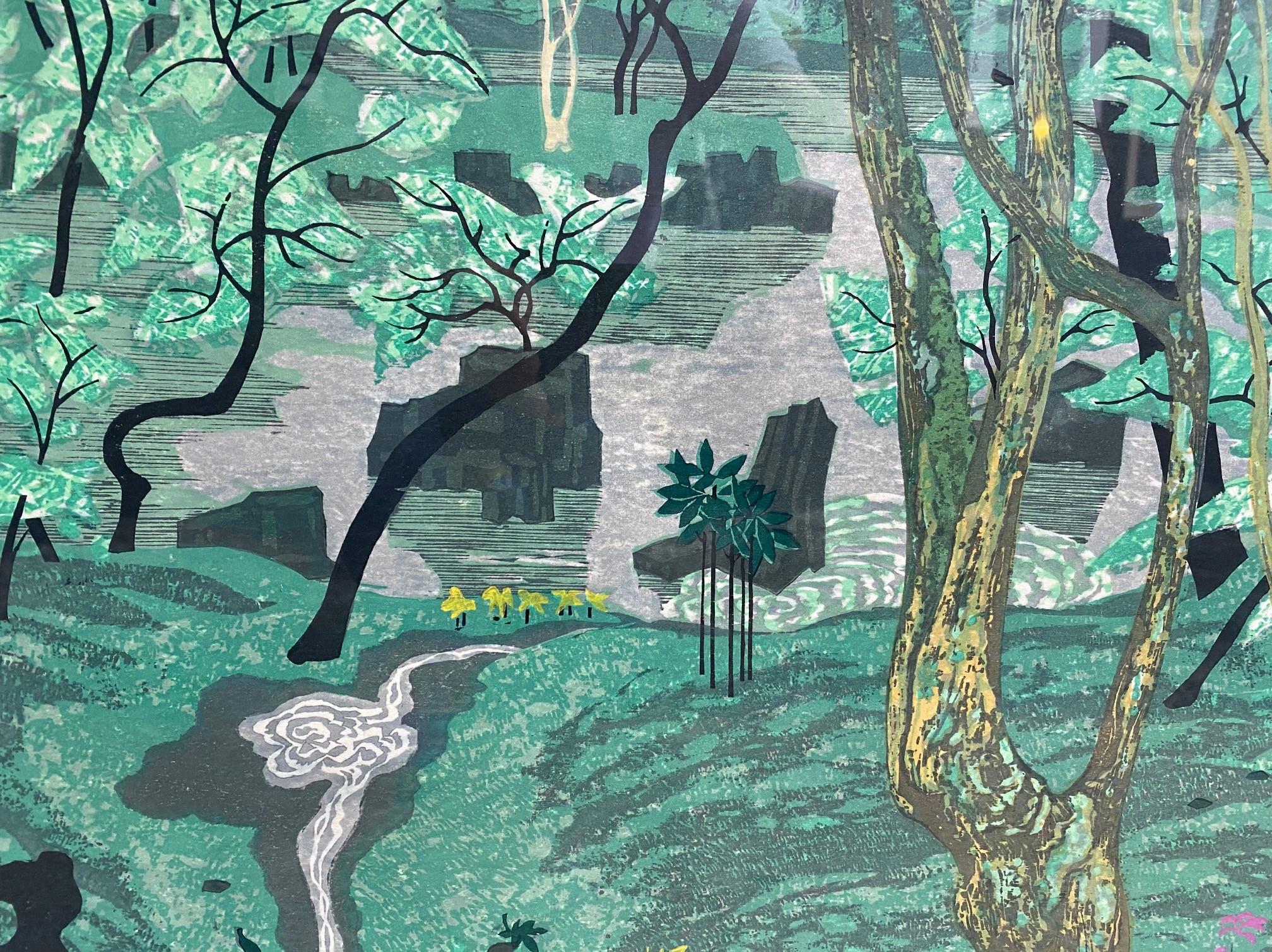 Kitaoka Fumio Signed Limited Edition Japanese Woodblock Print Moss Garden, 1972 In Good Condition In Studio City, CA