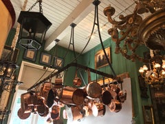 Kitchen Ceiling Mounted Pot Rack with Antique Copper Pots Pans Cookware