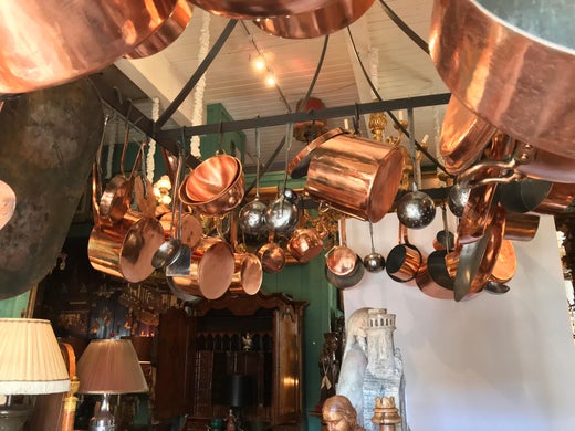 Kitchen Ceiling Mounted Pot Rack With Antique Copper Pots Pans