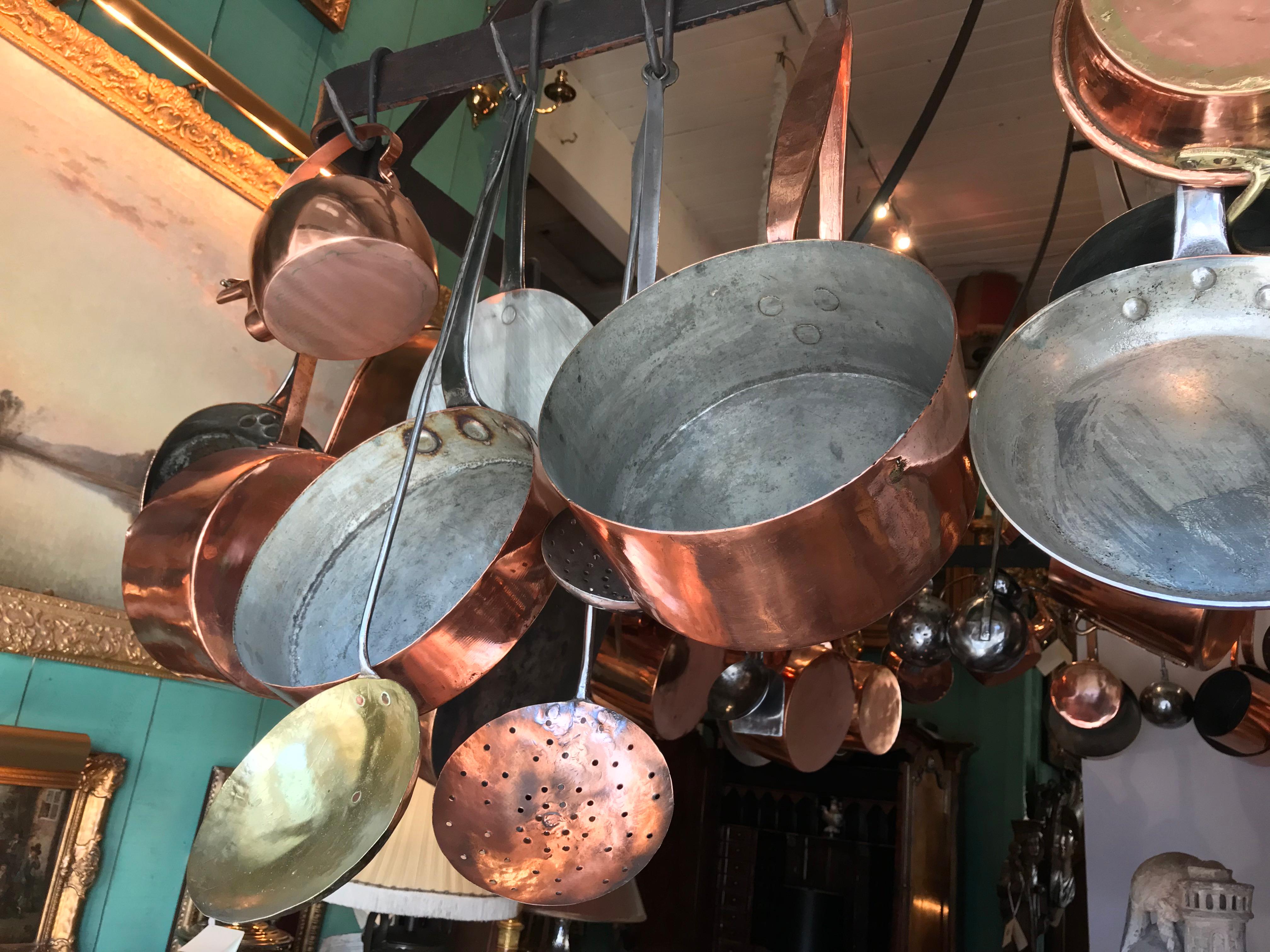 French Kitchen Ceiling Mounted Pot Rack with Antique Copper Pots Pans Cookware